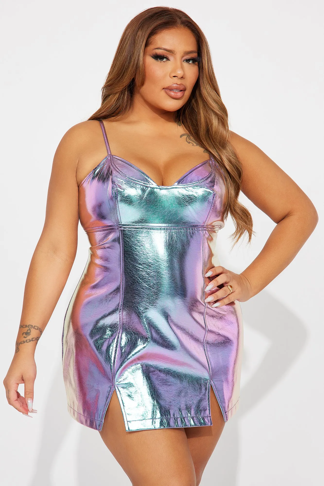 Galactic Glam Faux Leather Micro Mini Dress - Purple/combo