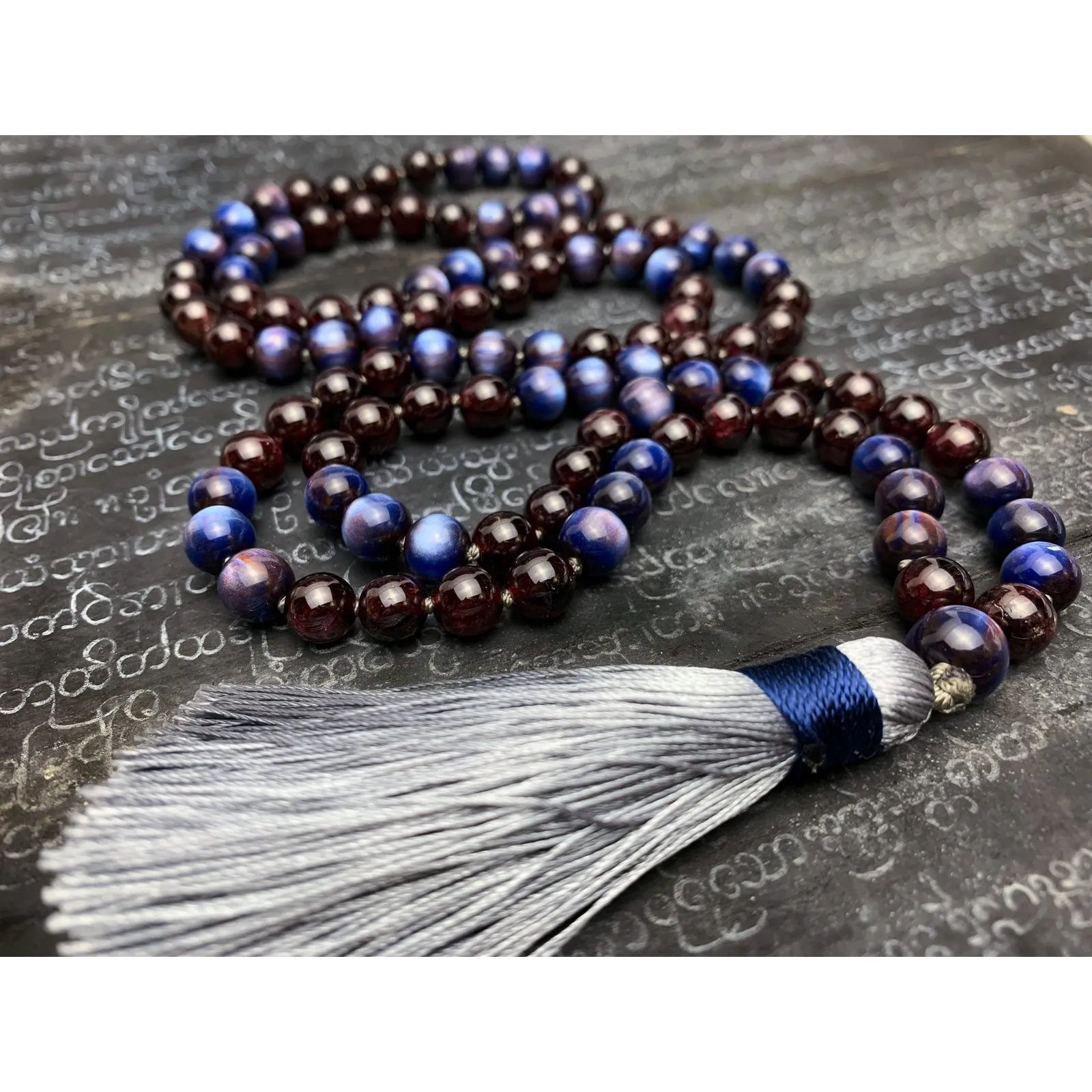 Garnet & Cat's Eye 8mm Knotted Mala with Silk Tassel #12