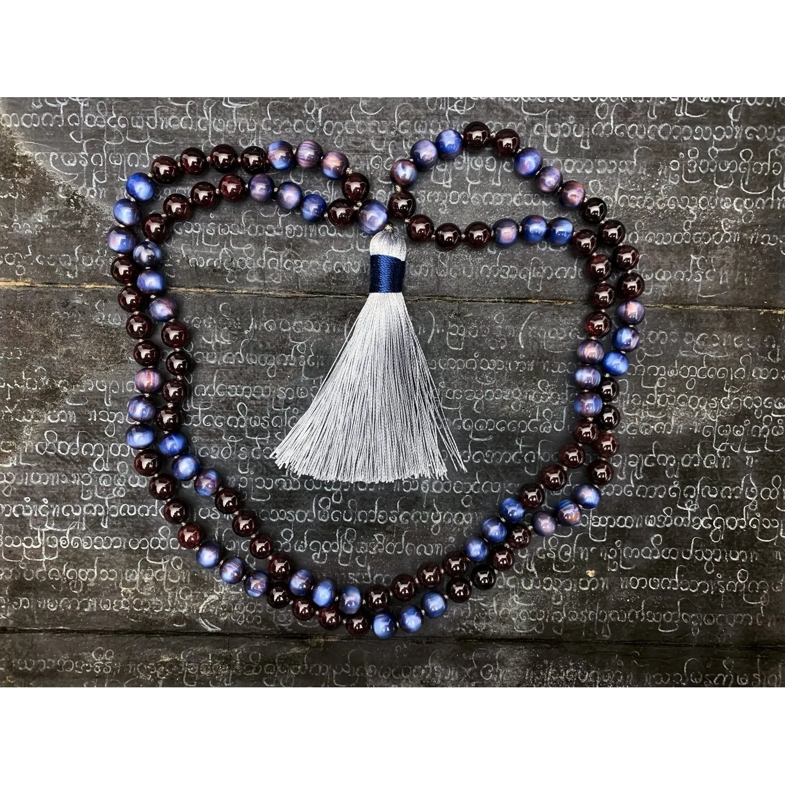 Garnet & Cat's Eye 8mm Knotted Mala with Silk Tassel #12