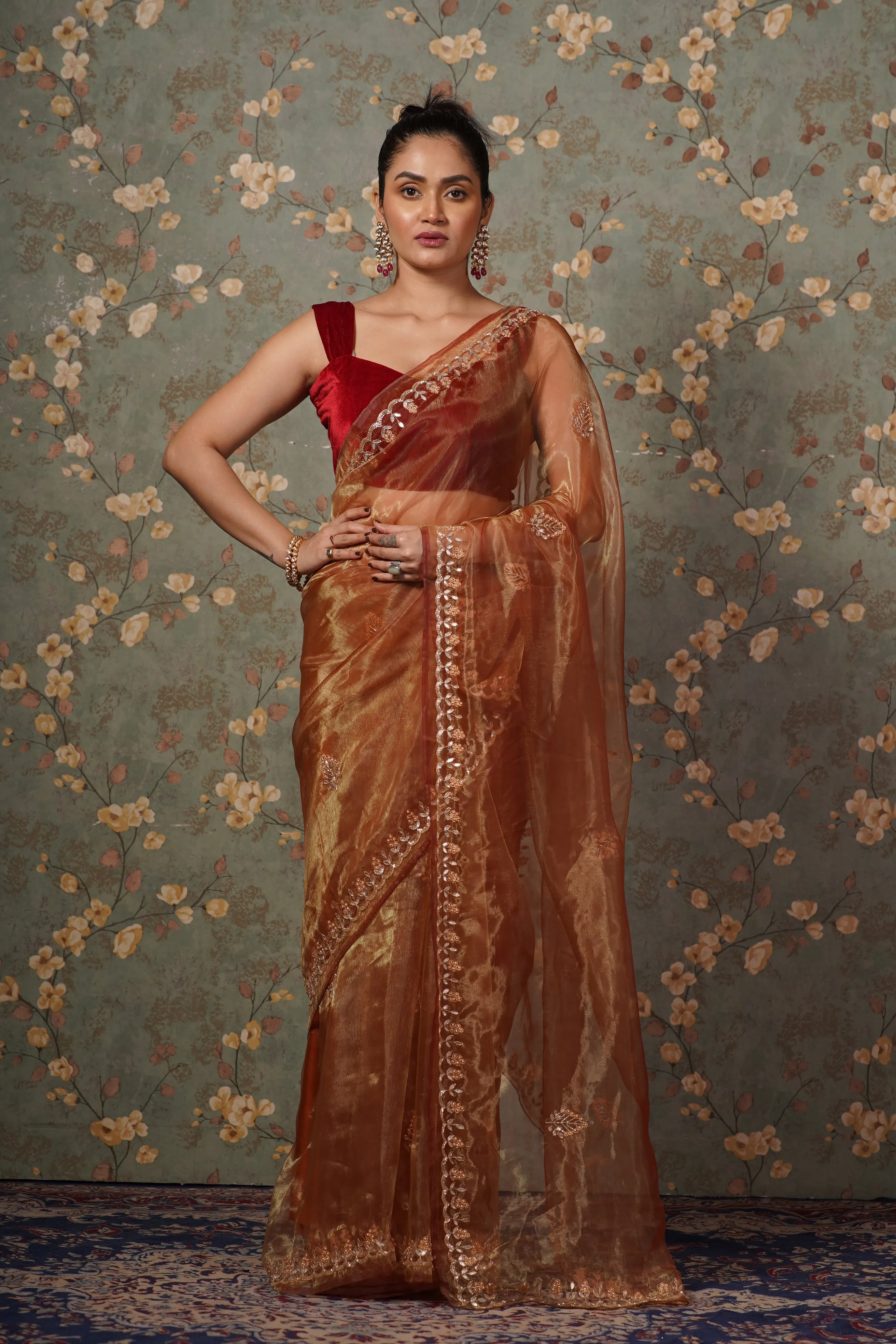 Golden Auburn Glass Tissue Gota patti Saree