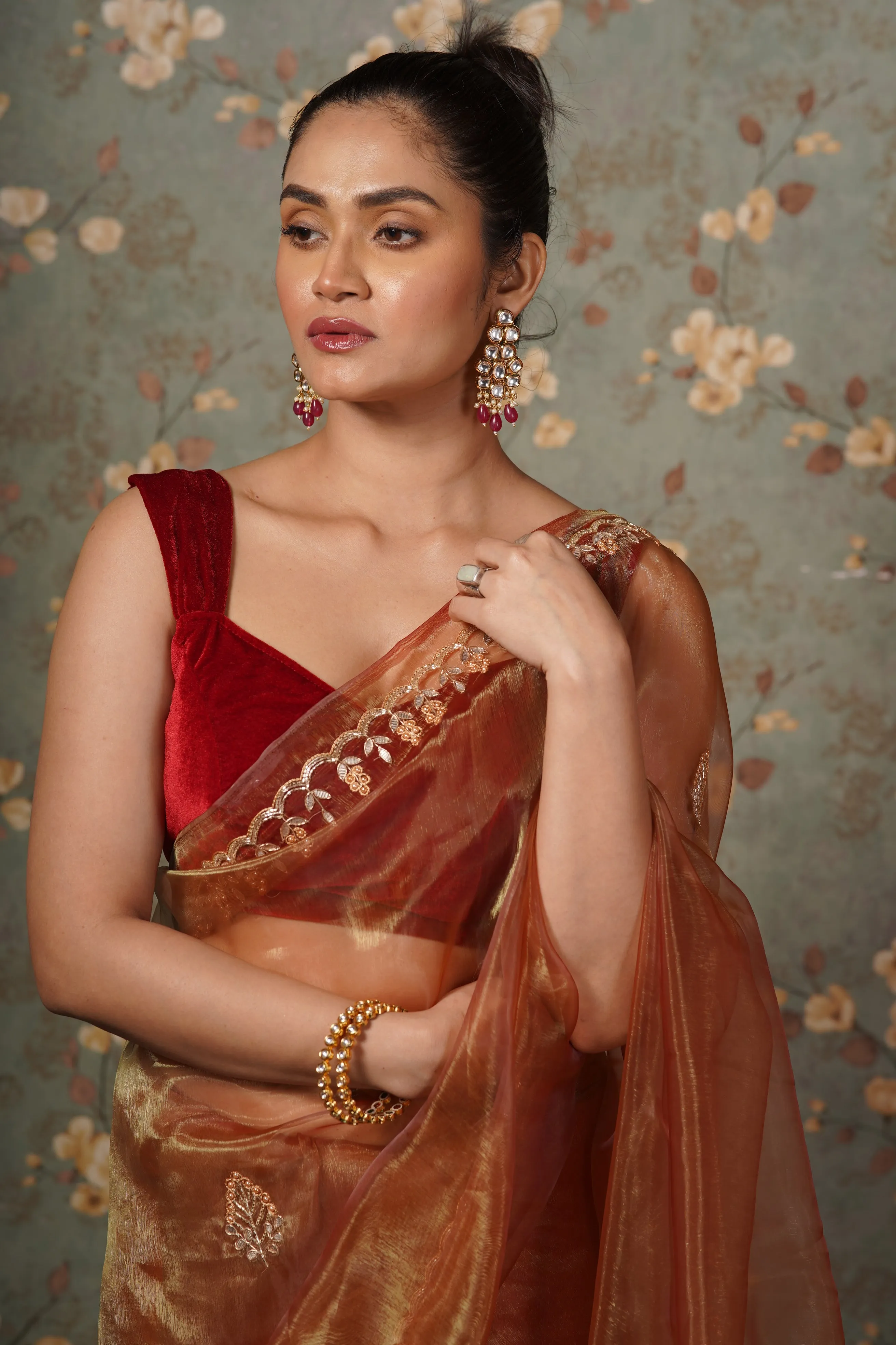 Golden Auburn Glass Tissue Gota patti Saree