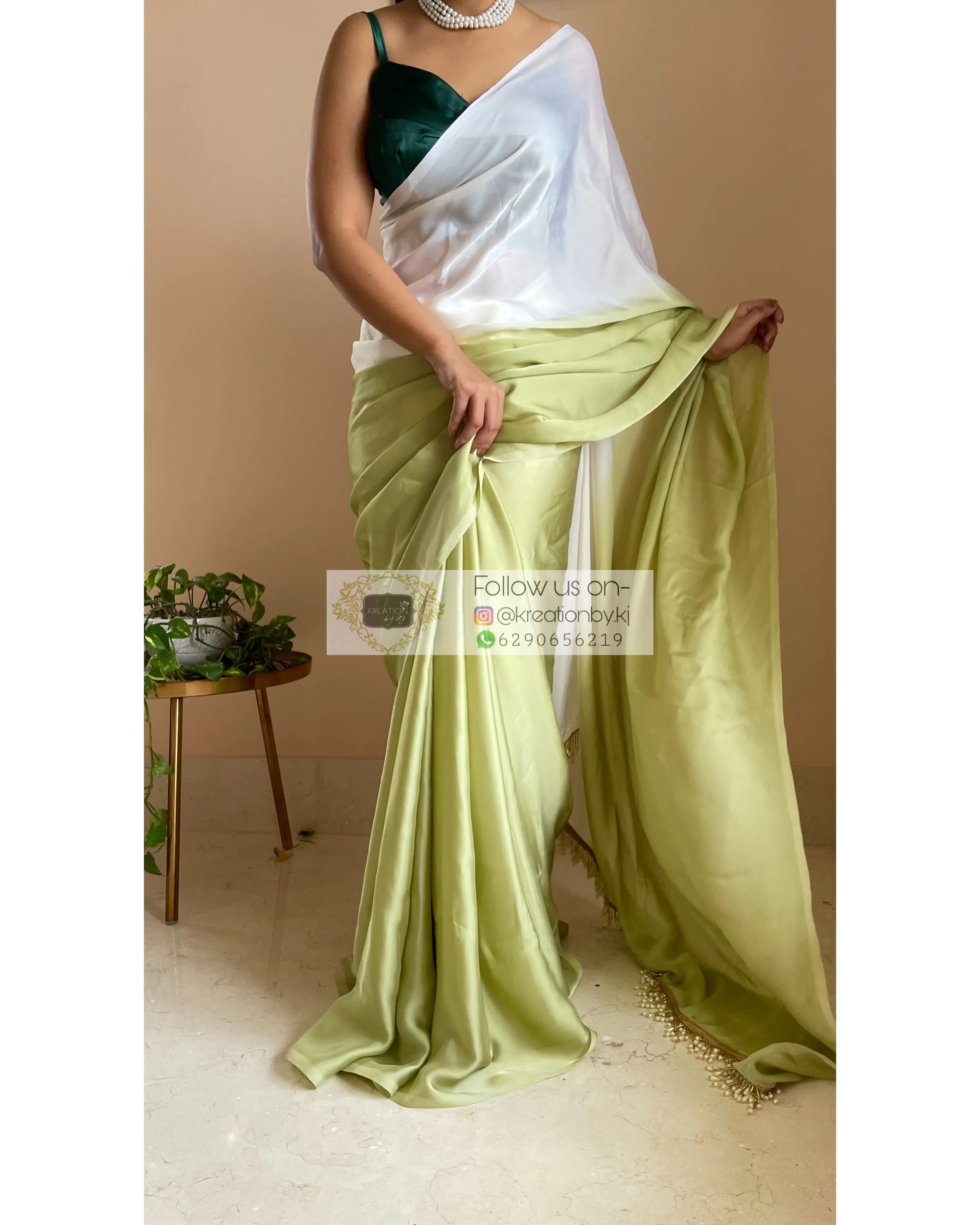 Green Tea Ombré Crepe Silk Saree with Handmade Tassels on Pallu