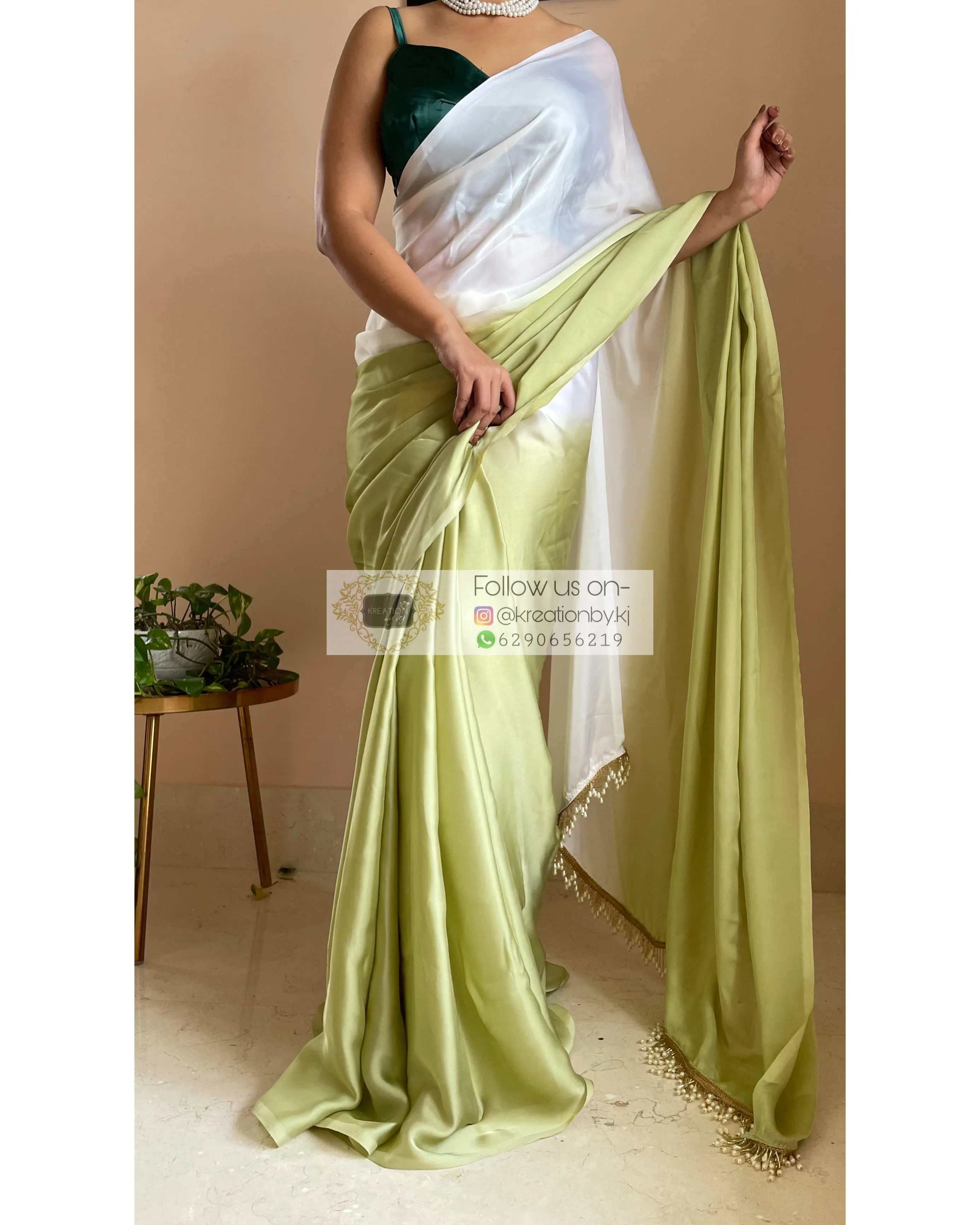 Green Tea Ombré Crepe Silk Saree with Handmade Tassels on Pallu