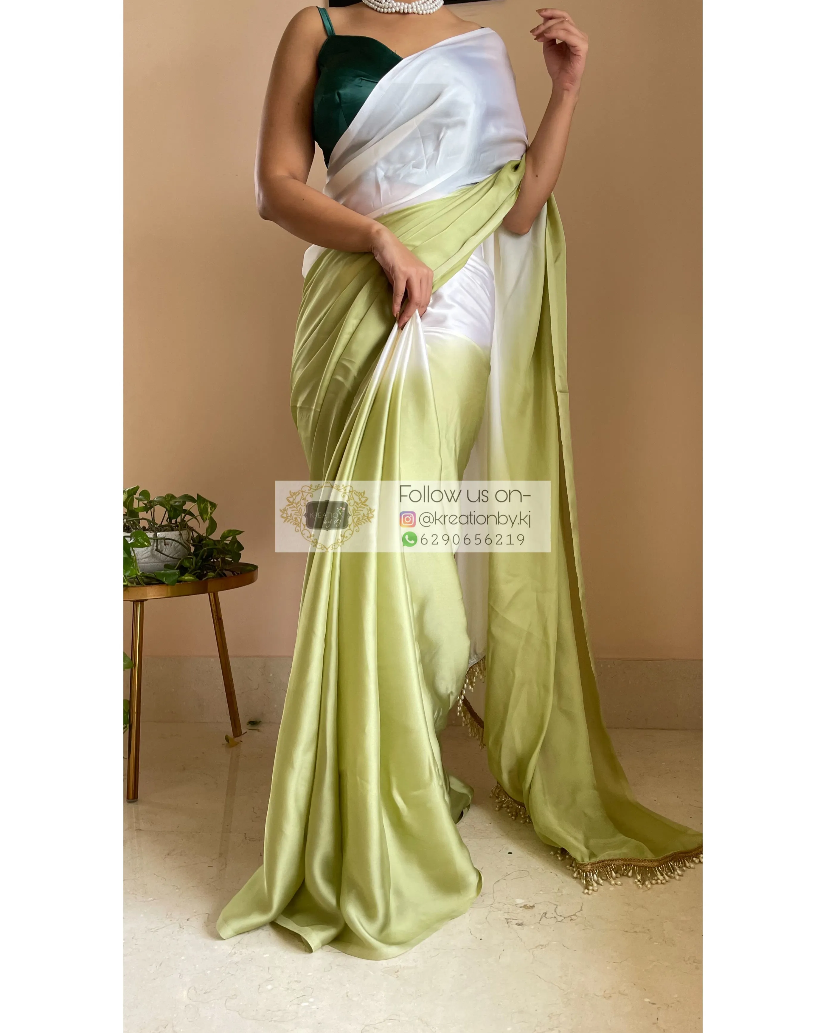 Green Tea Ombré Crepe Silk Saree with Handmade Tassels on Pallu