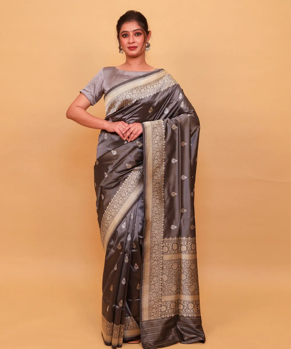 Grey handwoven silk banarasi saree