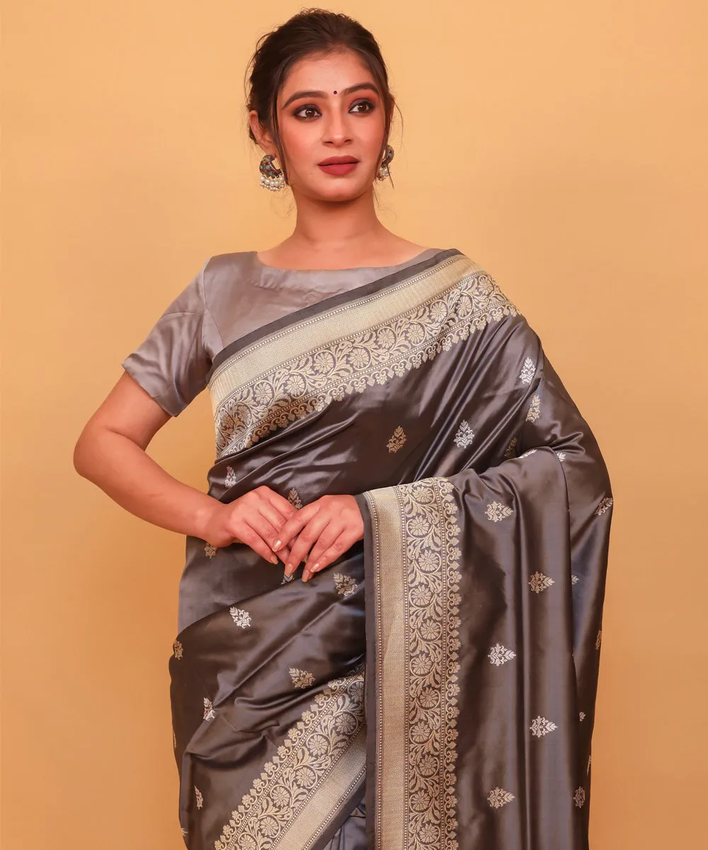 Grey handwoven silk banarasi saree