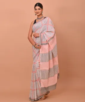 Grey peach cotton hand printed bagru saree