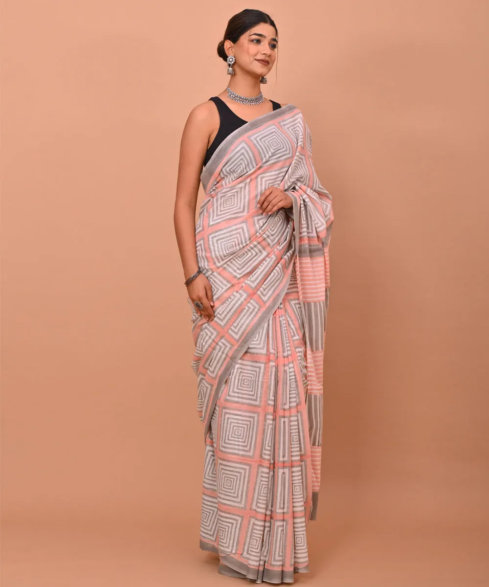 Grey peach cotton hand printed bagru saree