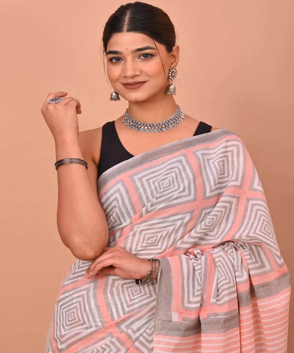 Grey peach cotton hand printed bagru saree