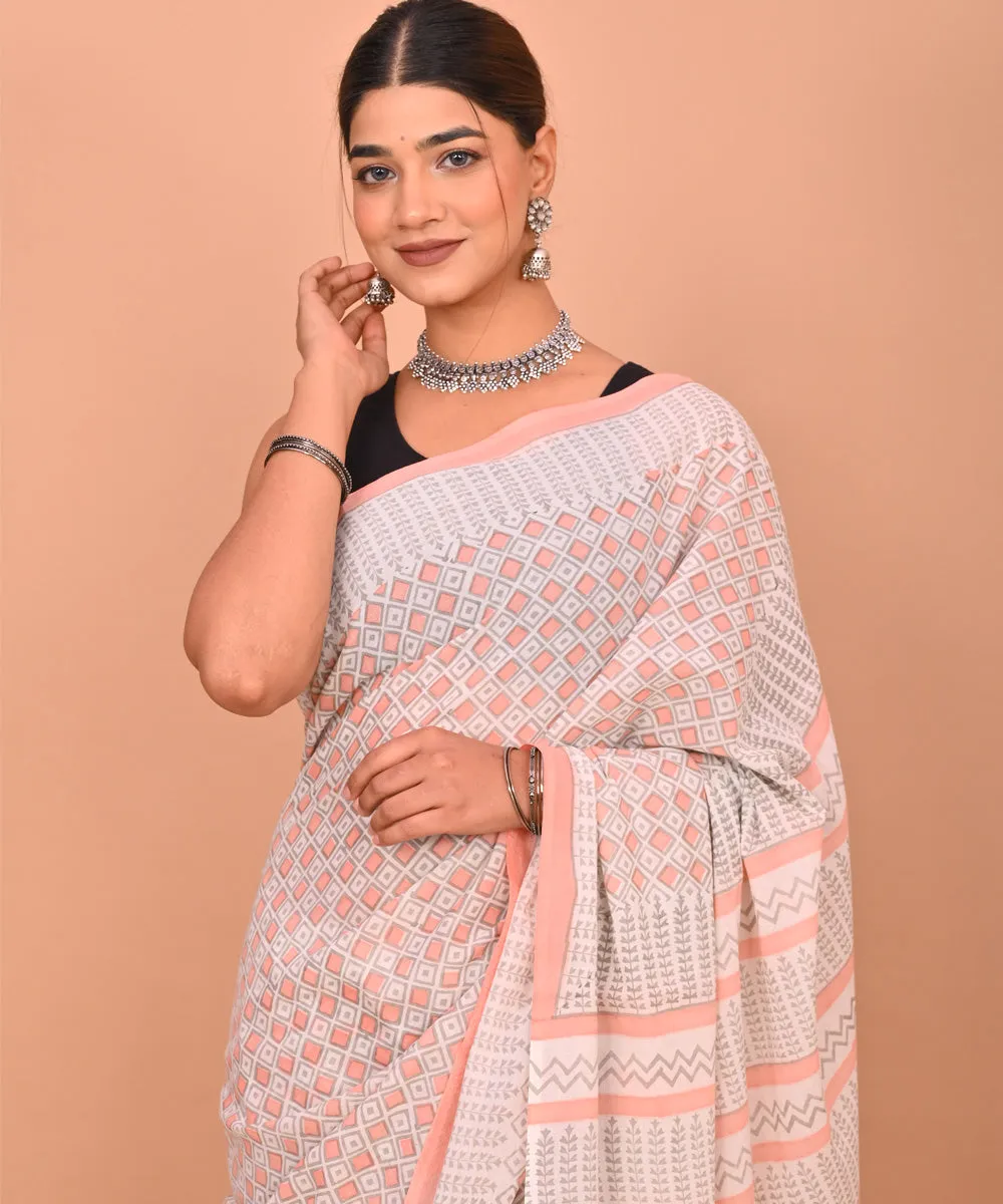 Grey peach hand printed cotton bagru saree