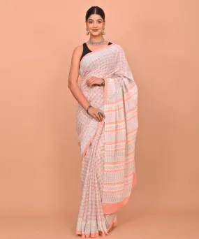 Grey peach hand printed cotton bagru saree