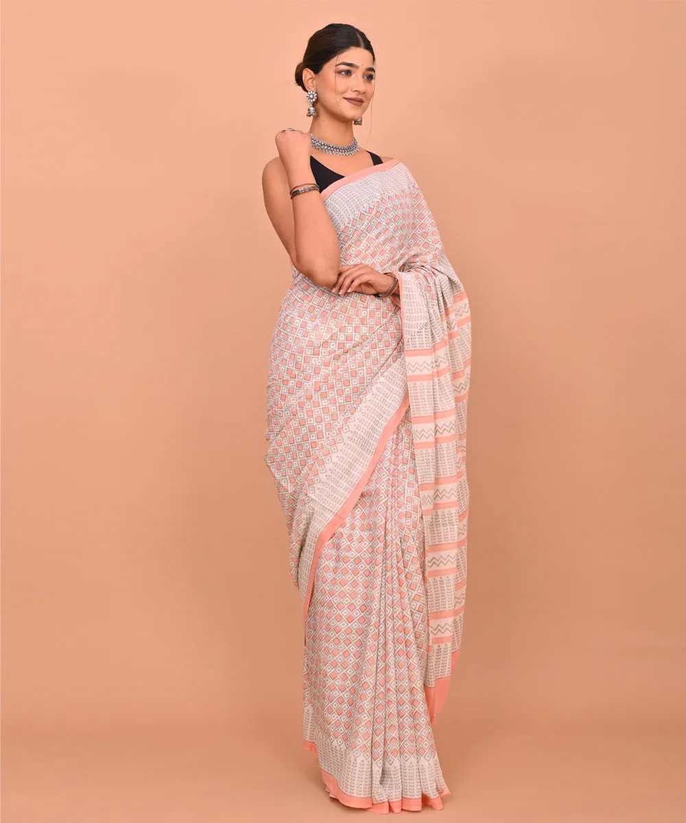 Grey peach hand printed cotton bagru saree