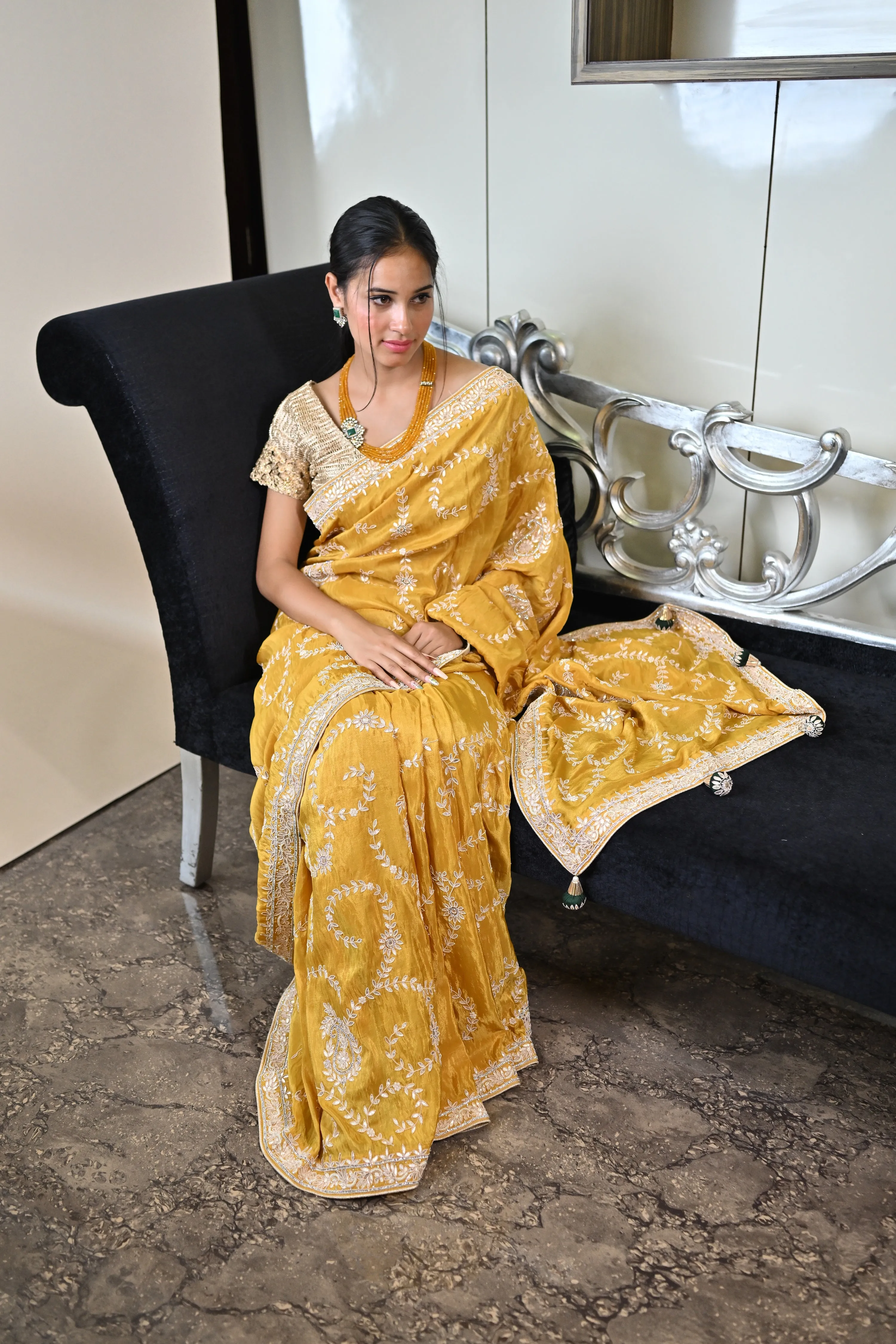 Hand embroidered gota patti georgette tissue saree