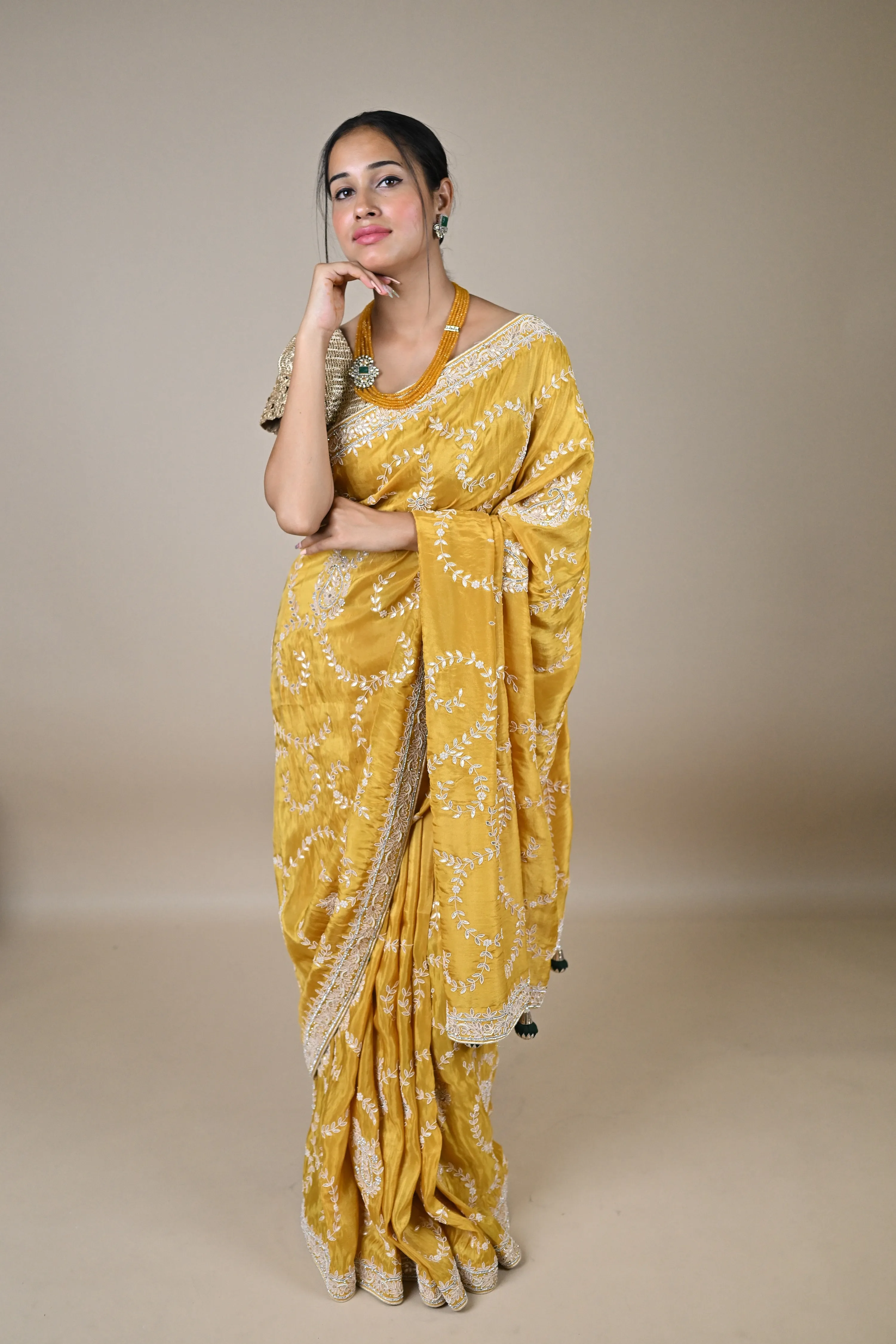 Hand embroidered gota patti georgette tissue saree