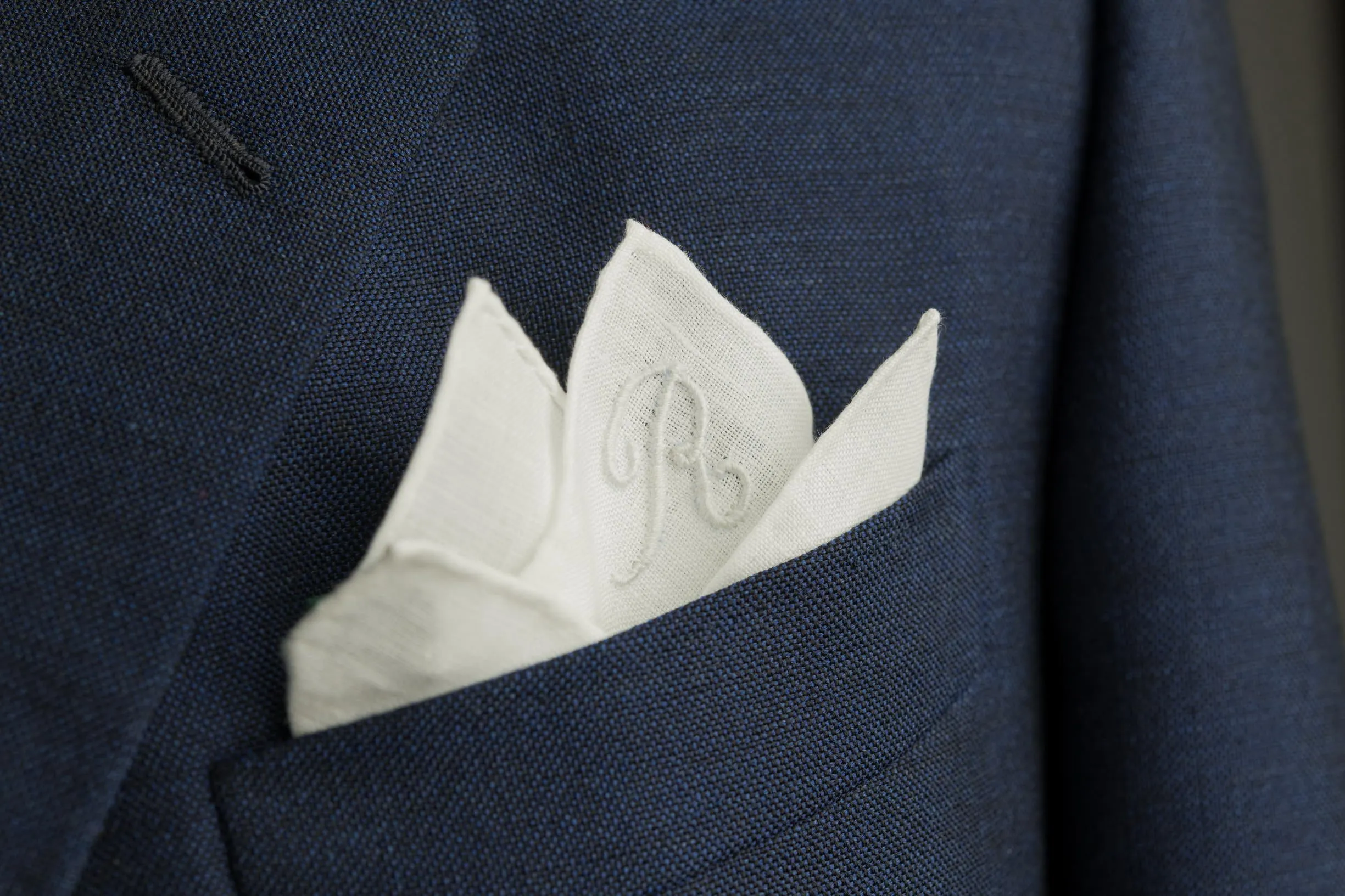 Hand-Embroidered Initial N White Linen Pocket Square