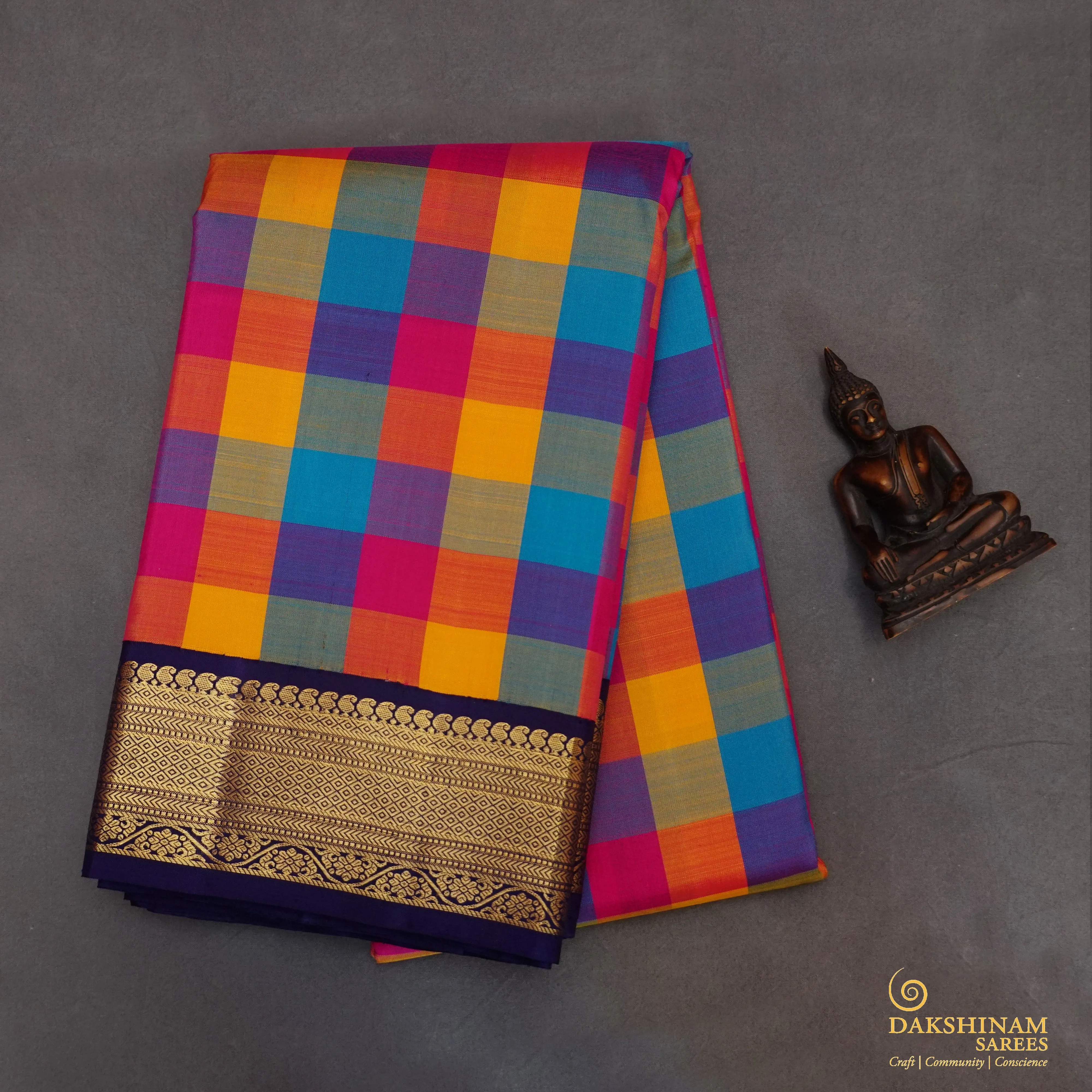 Handwoven Multi colour with Blue Kanjivaram Silk Saree - 1872T008785DSC