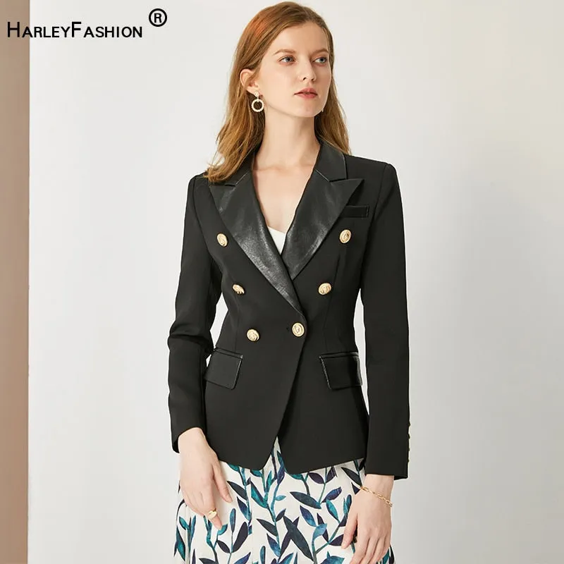 HarleyFashion 2022 Spring Autumn Quality European Design PU Leather Collar Slim Black Blazer OL Formal Classic Fittness Blazers