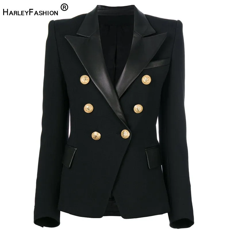 HarleyFashion 2022 Spring Autumn Quality European Design PU Leather Collar Slim Black Blazer OL Formal Classic Fittness Blazers