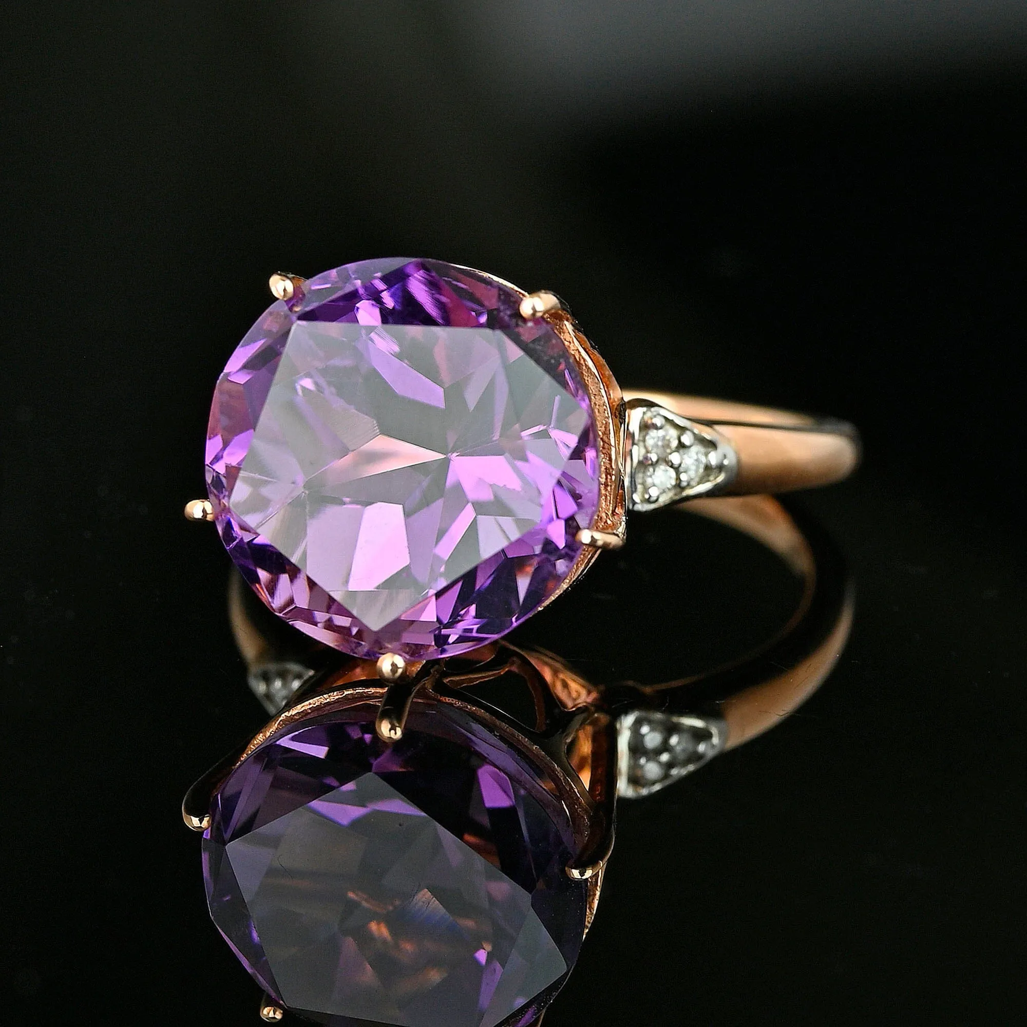 High Profile Rose Gold Diamond 7.5 CTW Amethyst Ring