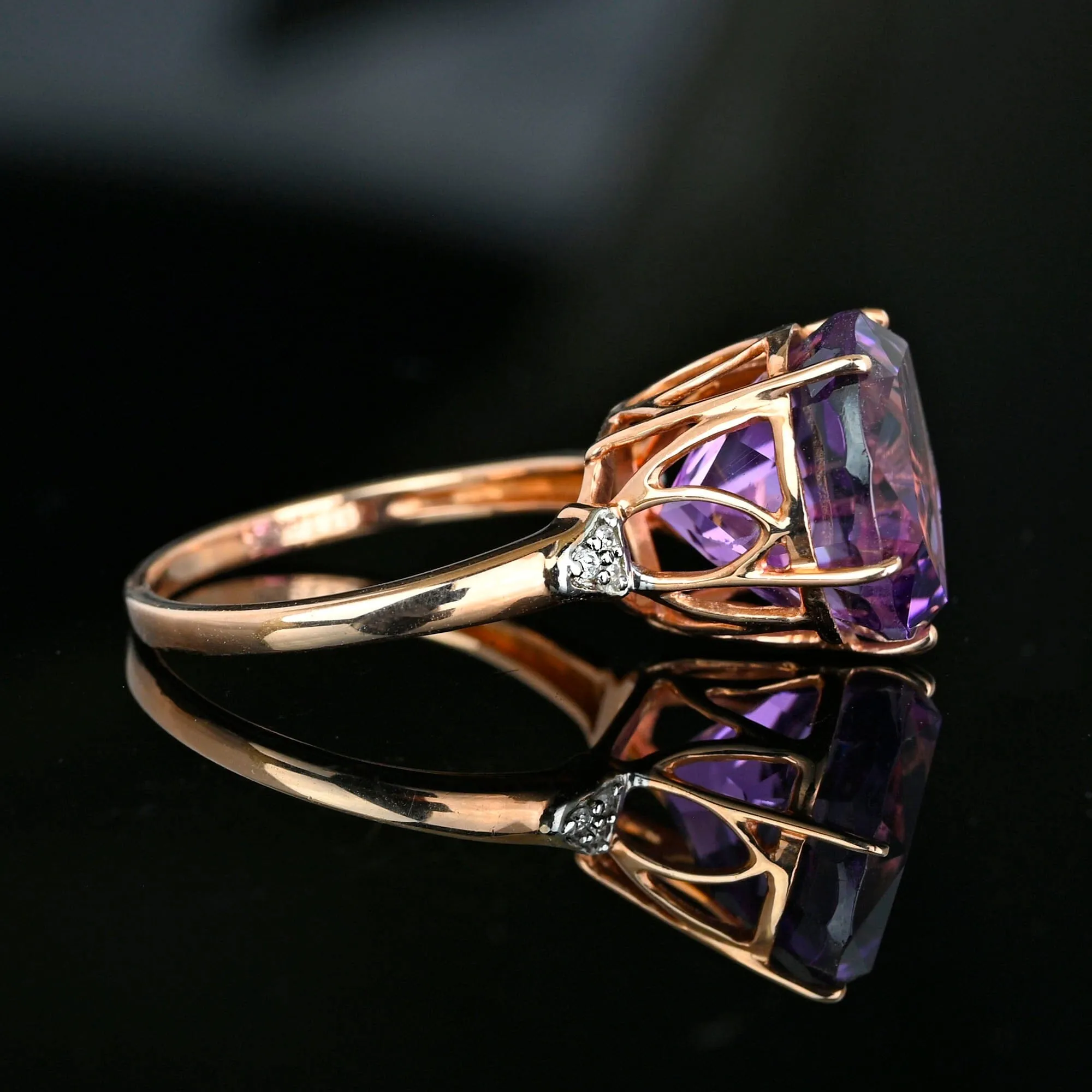 High Profile Rose Gold Diamond 7.5 CTW Amethyst Ring