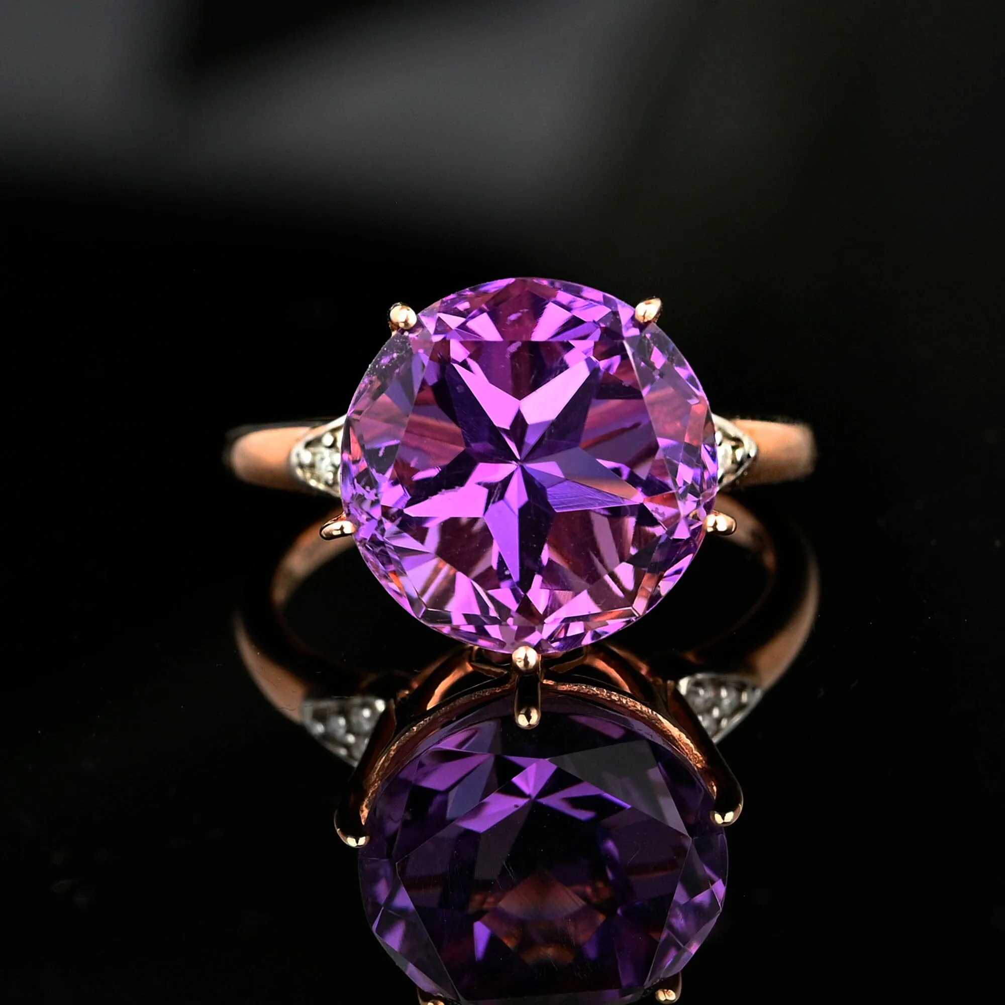 High Profile Rose Gold Diamond 7.5 CTW Amethyst Ring