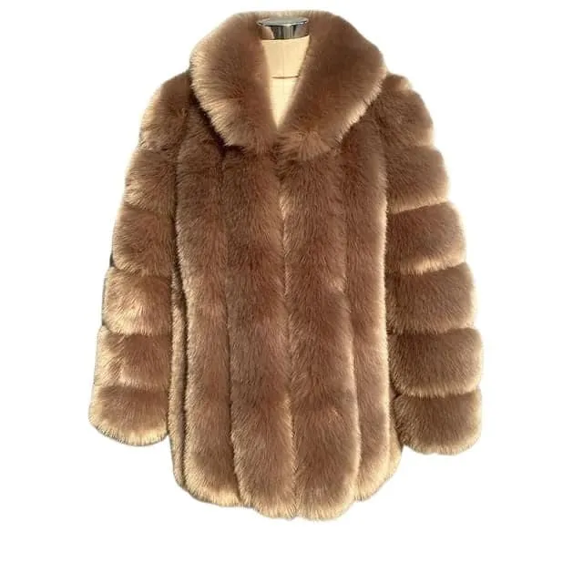 HQL Design Women's Fine Fashion Premium Quality Elegant Deep Brown Coffee Faux Fur Collar Coat