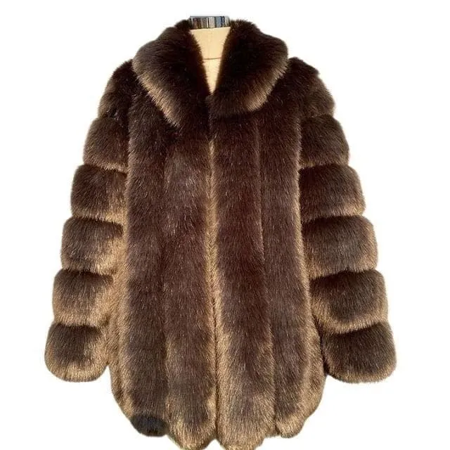 HQL Design Women's Fine Fashion Premium Quality Elegant Deep Brown Coffee Faux Fur Collar Coat