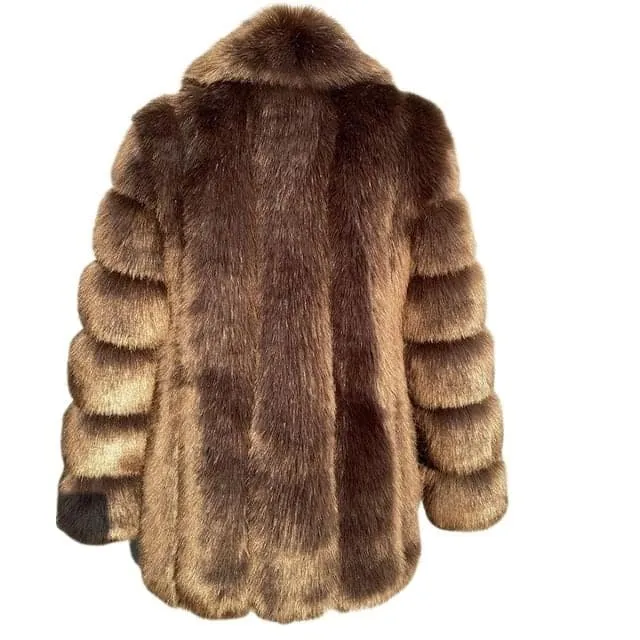 HQL Design Women's Fine Fashion Premium Quality Elegant Deep Brown Coffee Faux Fur Collar Coat