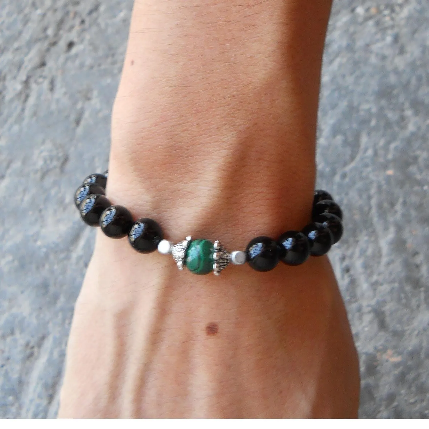 Intuition and Patience, Genuine Malachite and Onyx Mala Bracelet