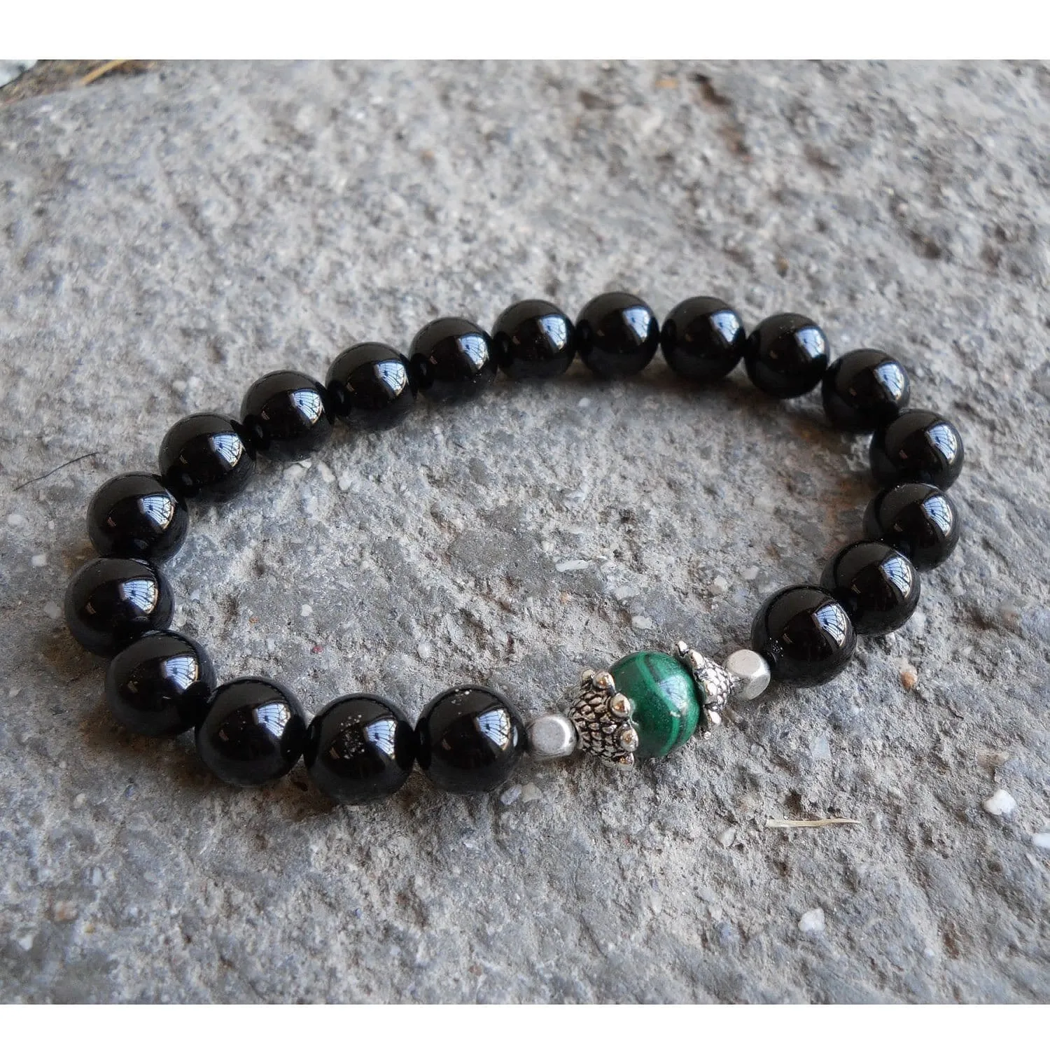 Intuition and Patience, Genuine Malachite and Onyx Mala Bracelet