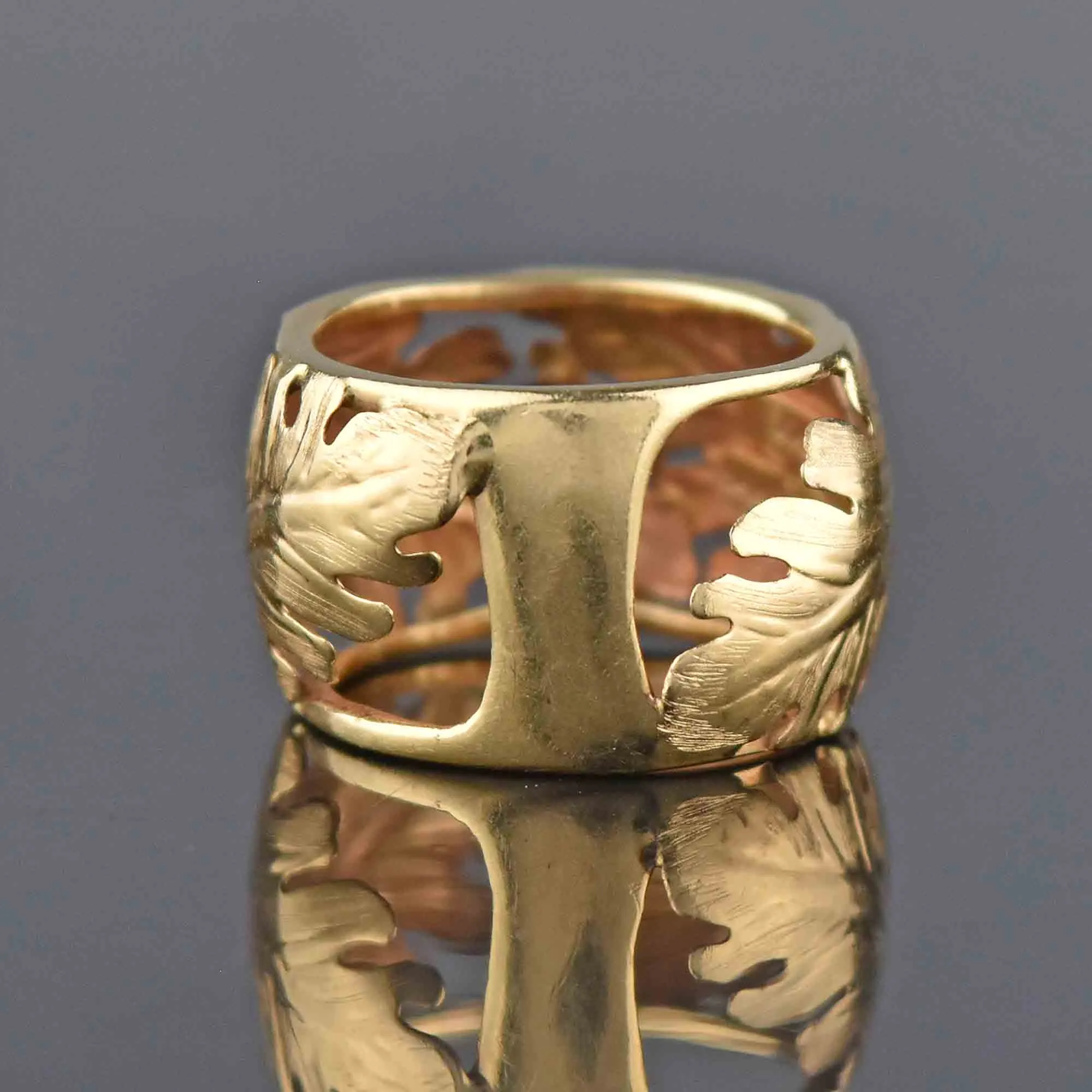 Italian 14K Gold Wide Engraved Leaf Band Ring