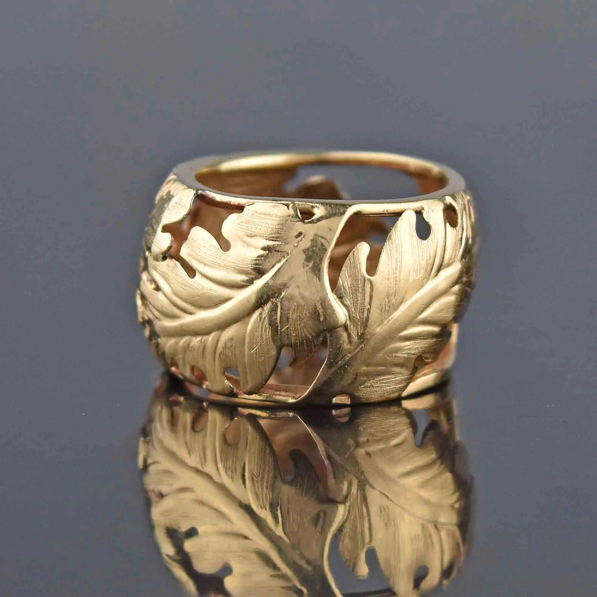 Italian 14K Gold Wide Engraved Leaf Band Ring