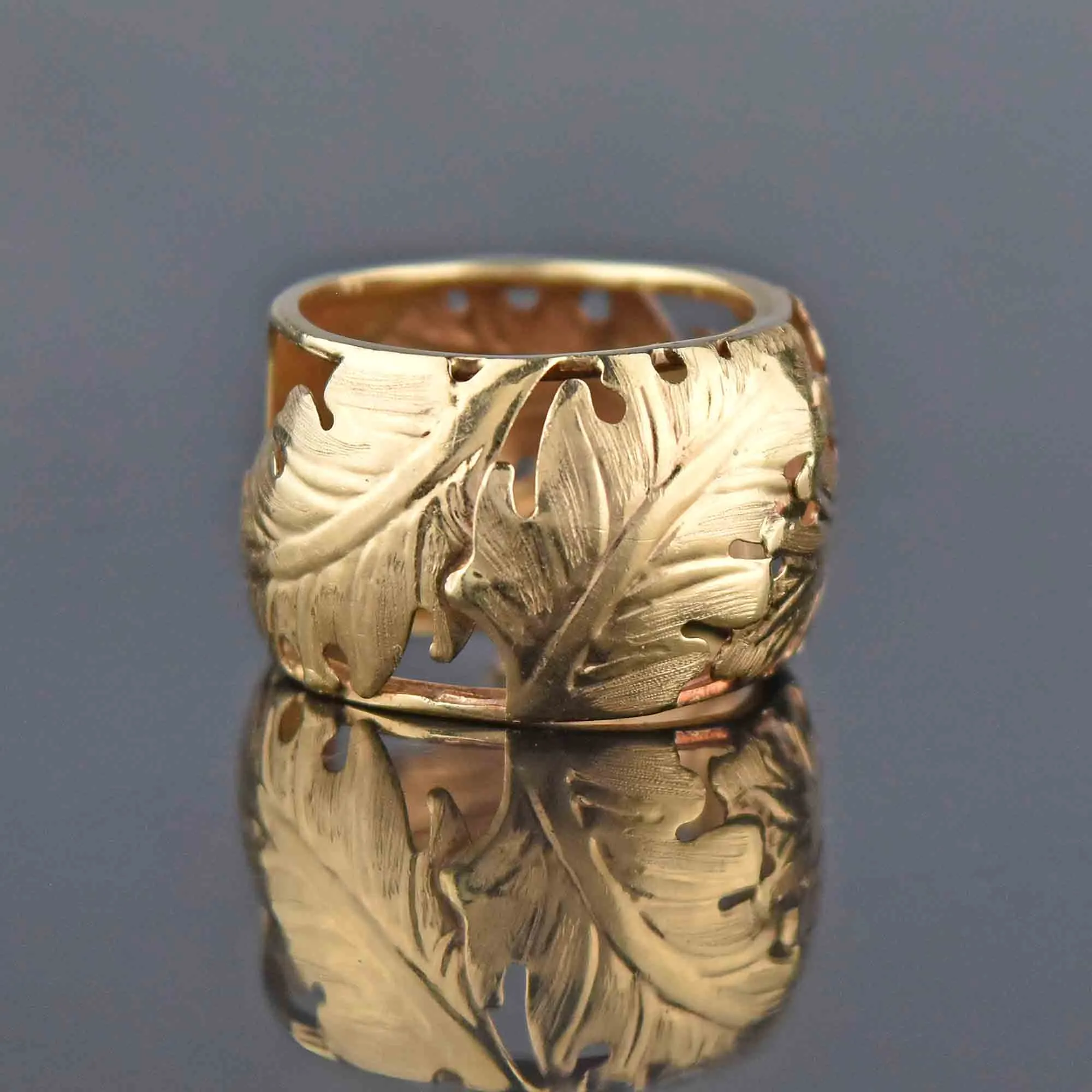 Italian 14K Gold Wide Engraved Leaf Band Ring