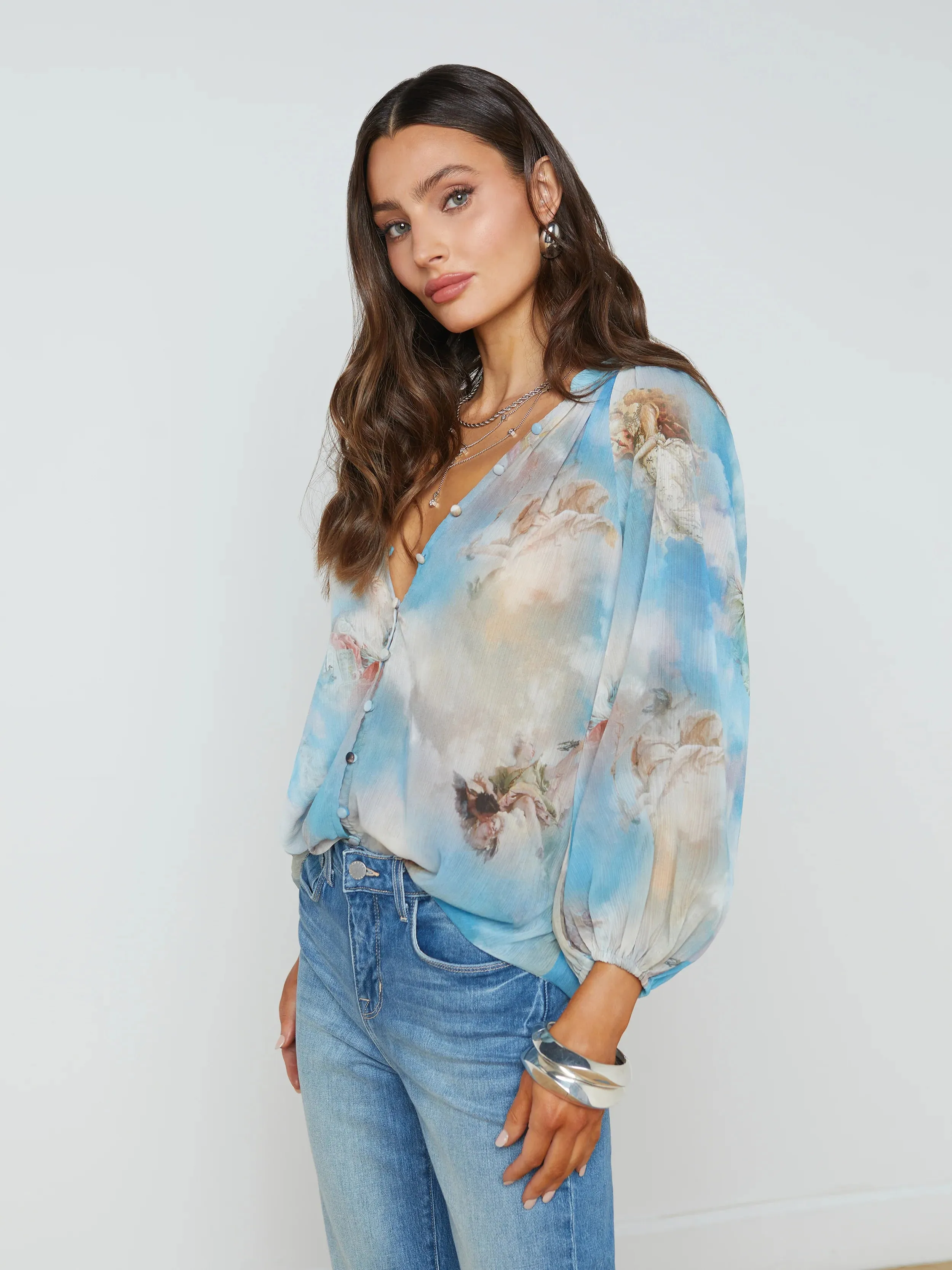 L’agence - Teagan Puff Sleeve Blouse - Light Blue Multi Renaissance