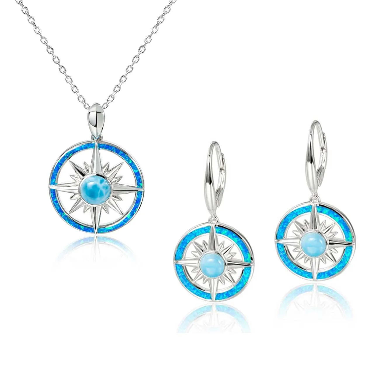 Larimar & Opal Starburst Compass Pendant & Earrings Set