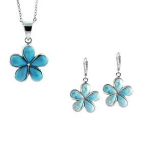 Larimar Plumeria Pendant & Earrings Set