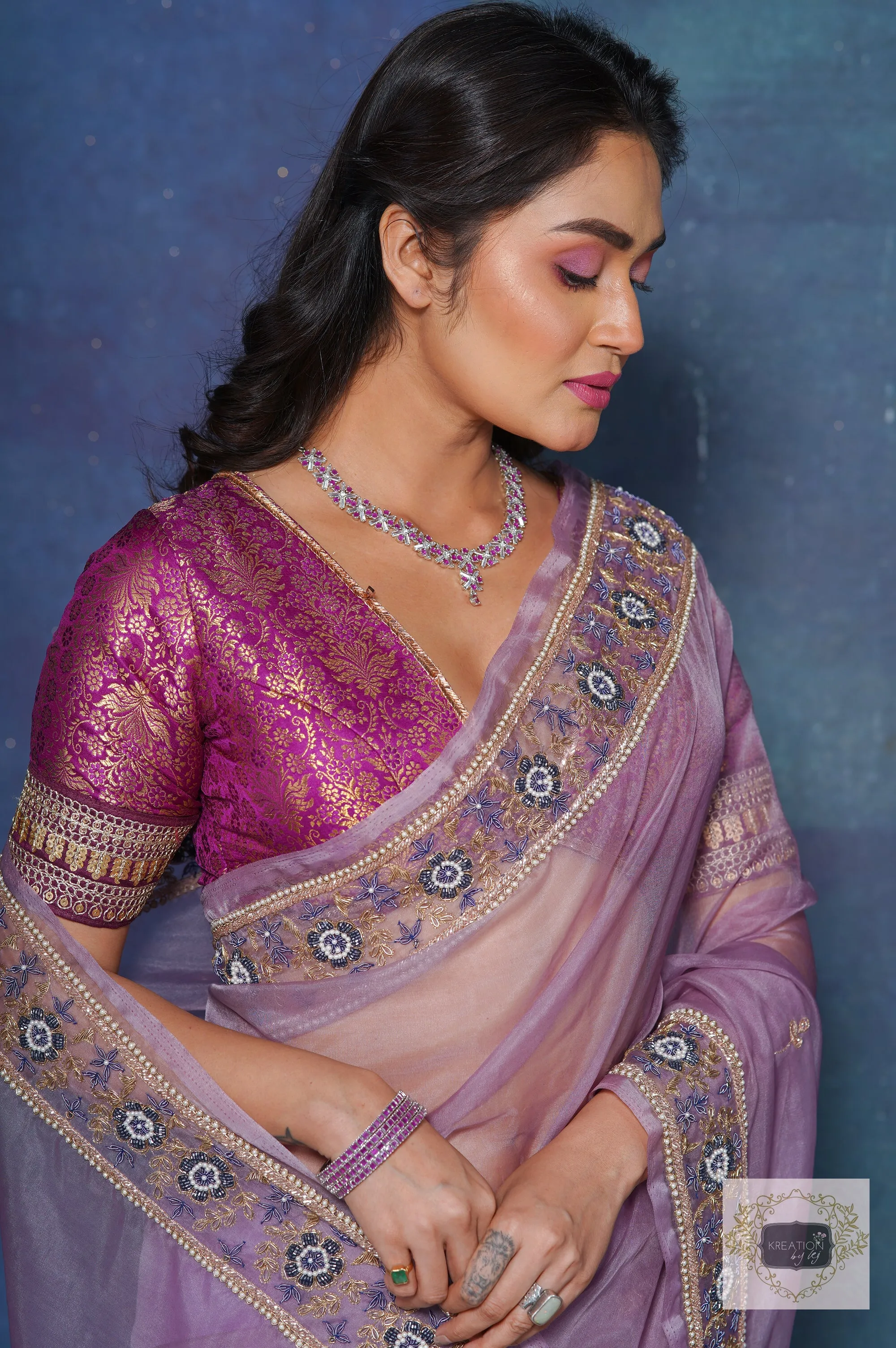 Lavender Passiflora Organza Saree