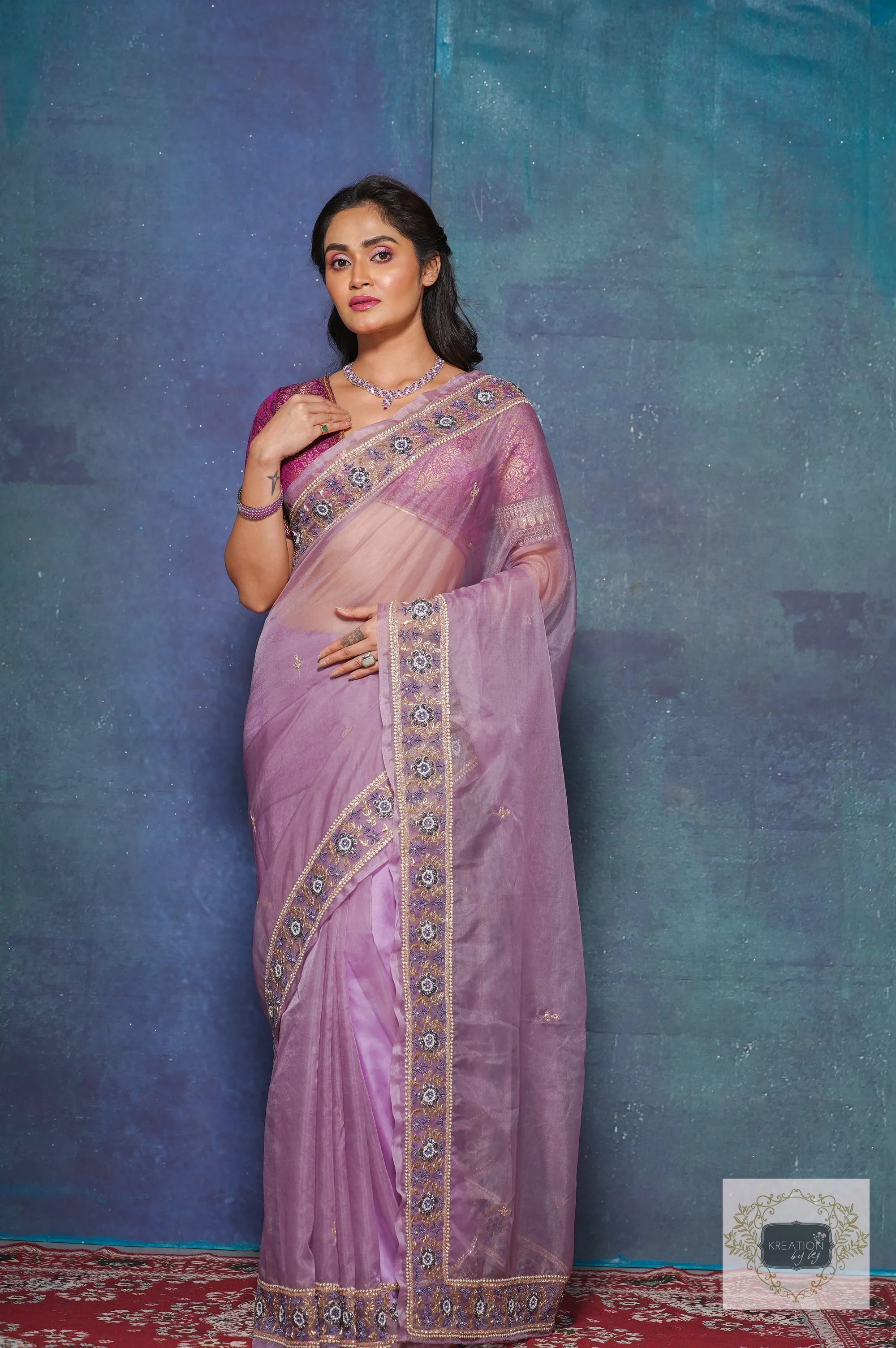 Lavender Passiflora Organza Saree