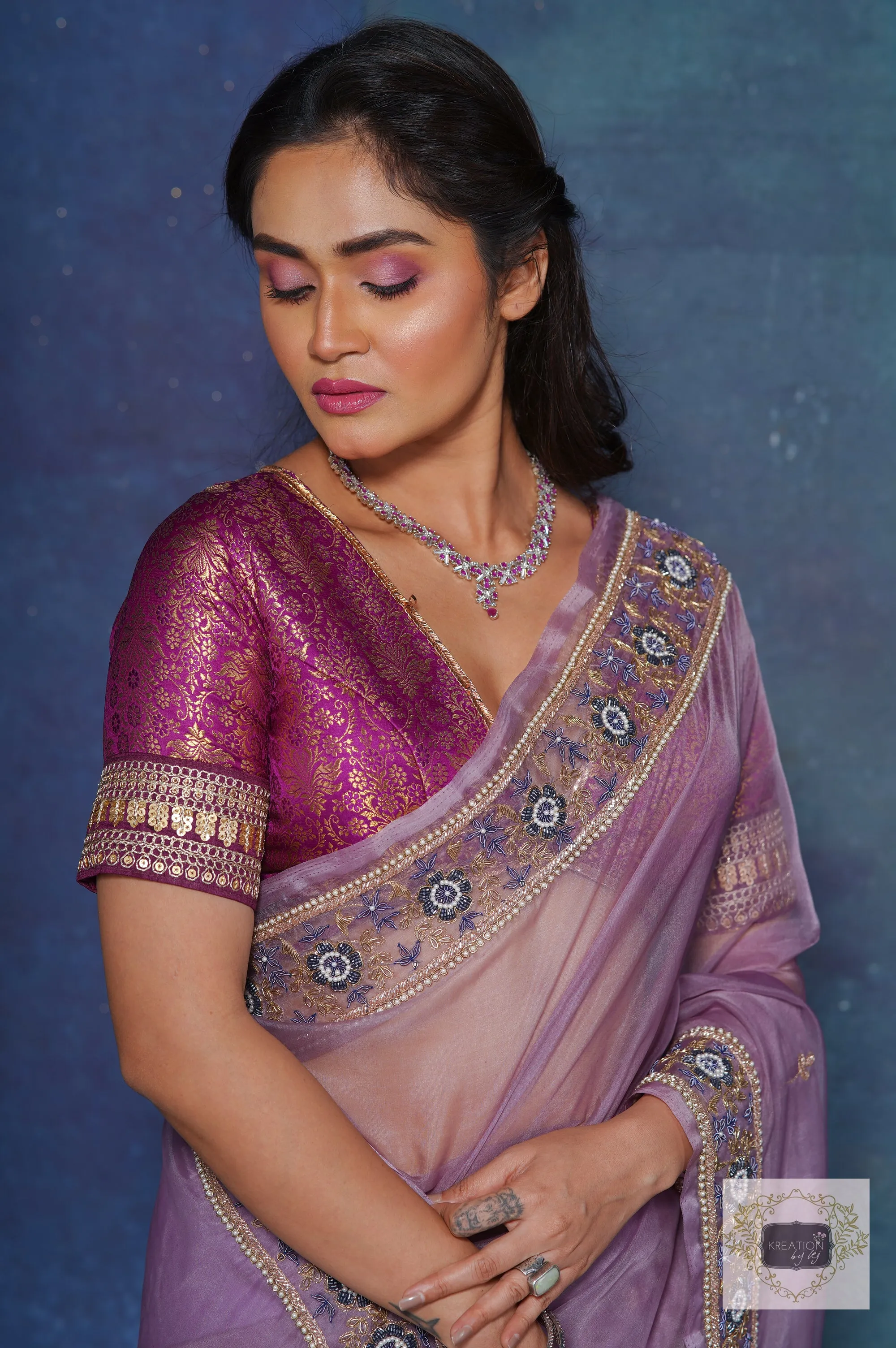 Lavender Passiflora Organza Saree