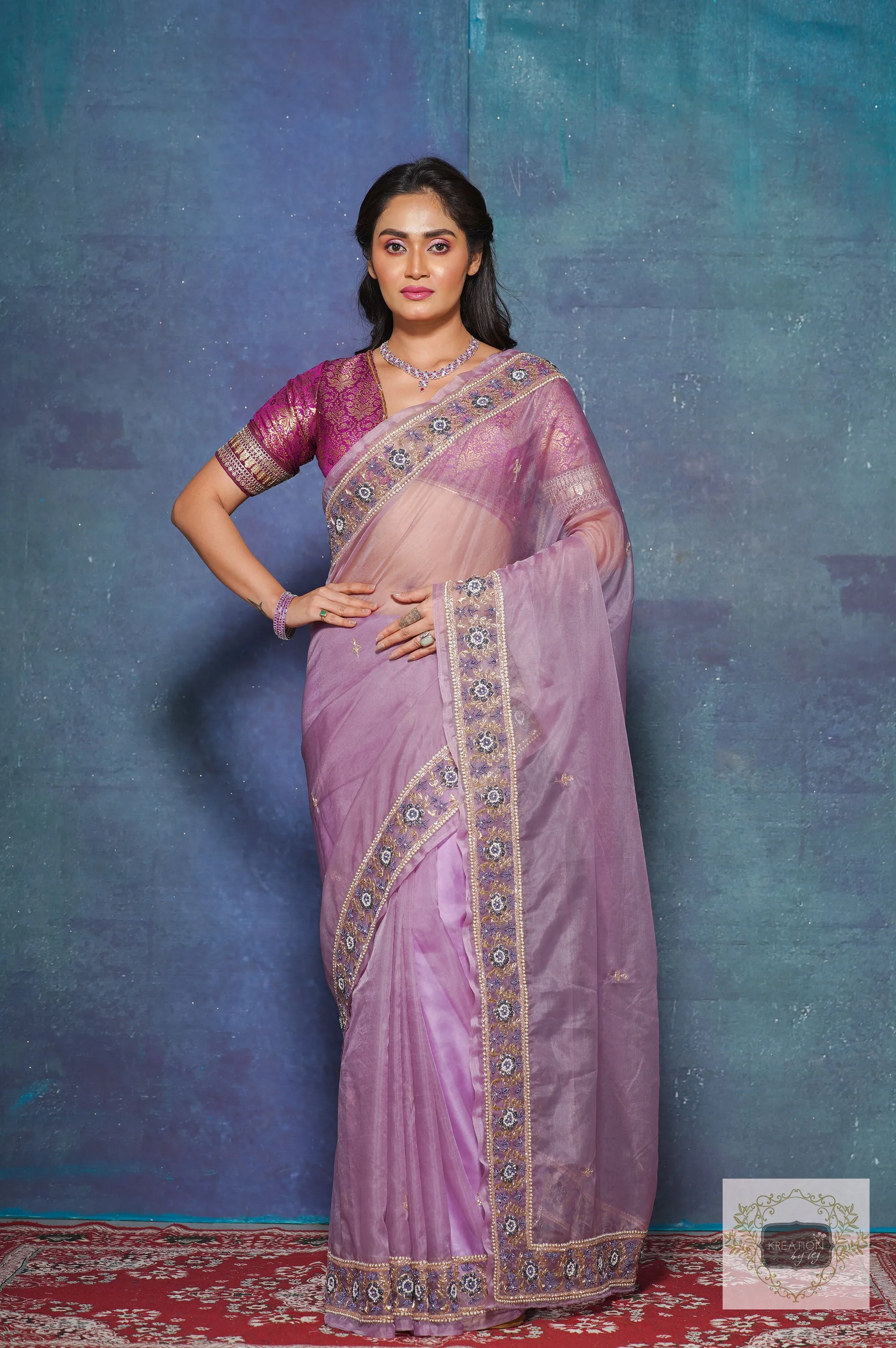 Lavender Passiflora Organza Saree