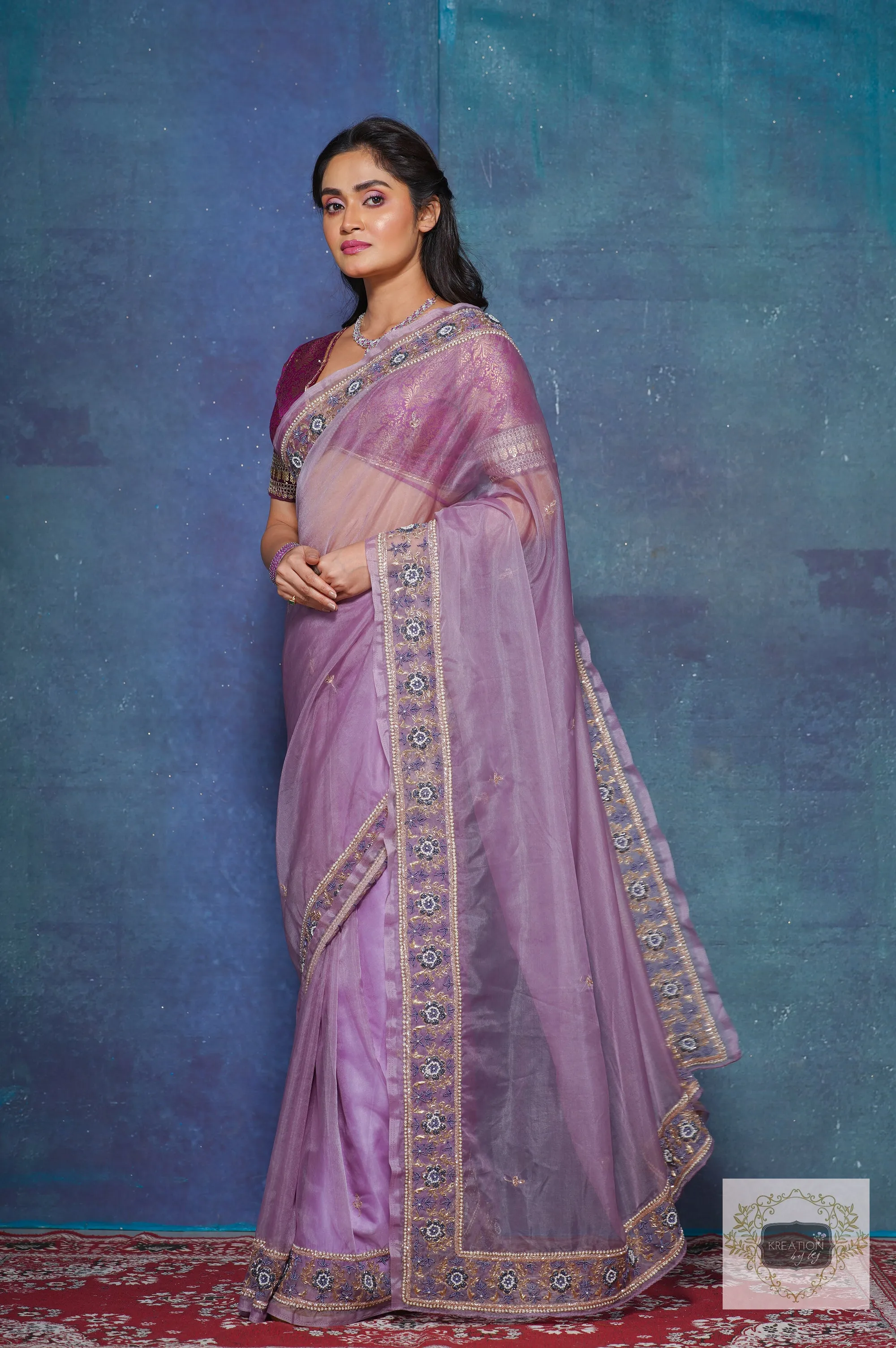 Lavender Passiflora Organza Saree