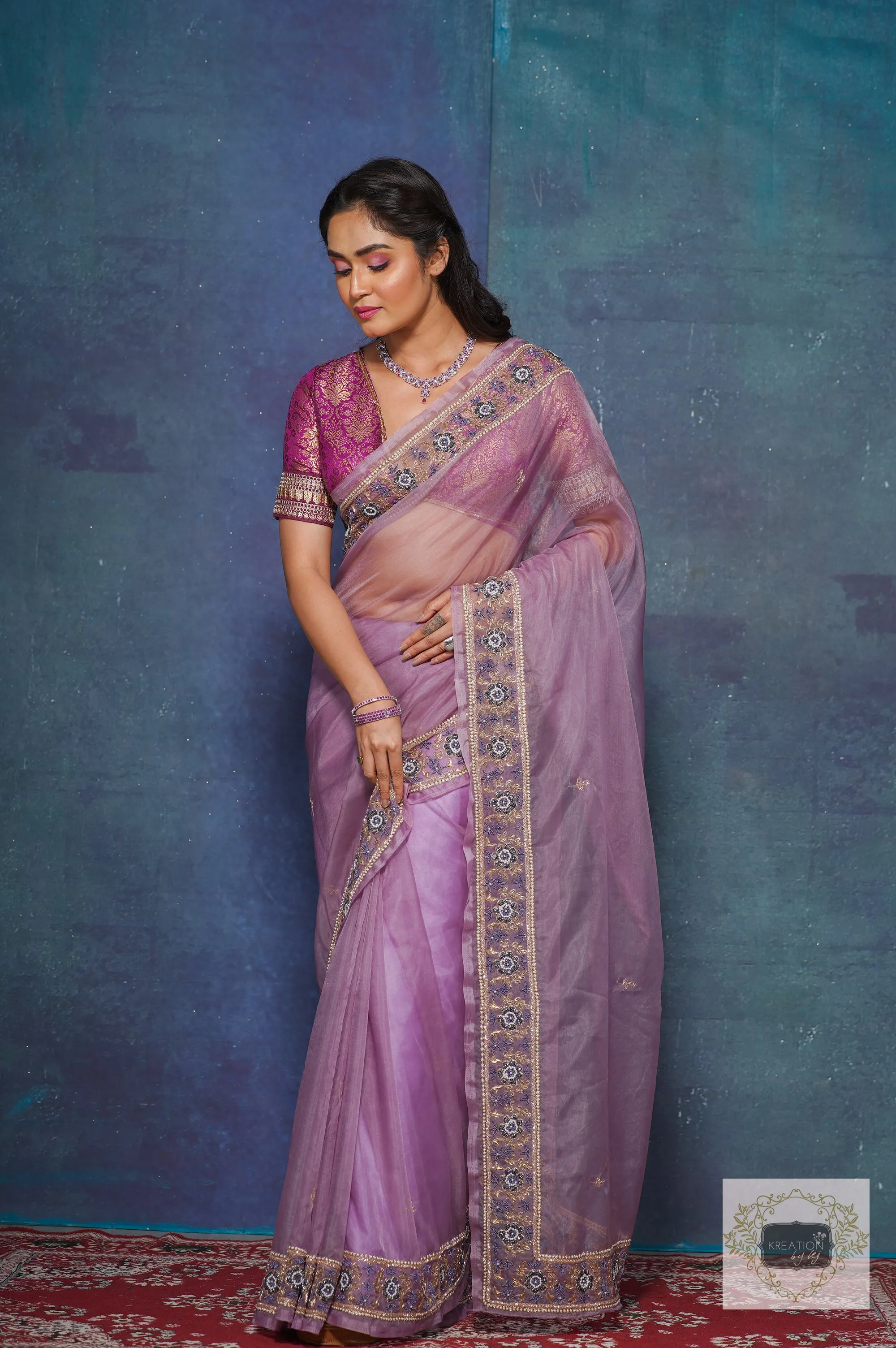 Lavender Passiflora Organza Saree