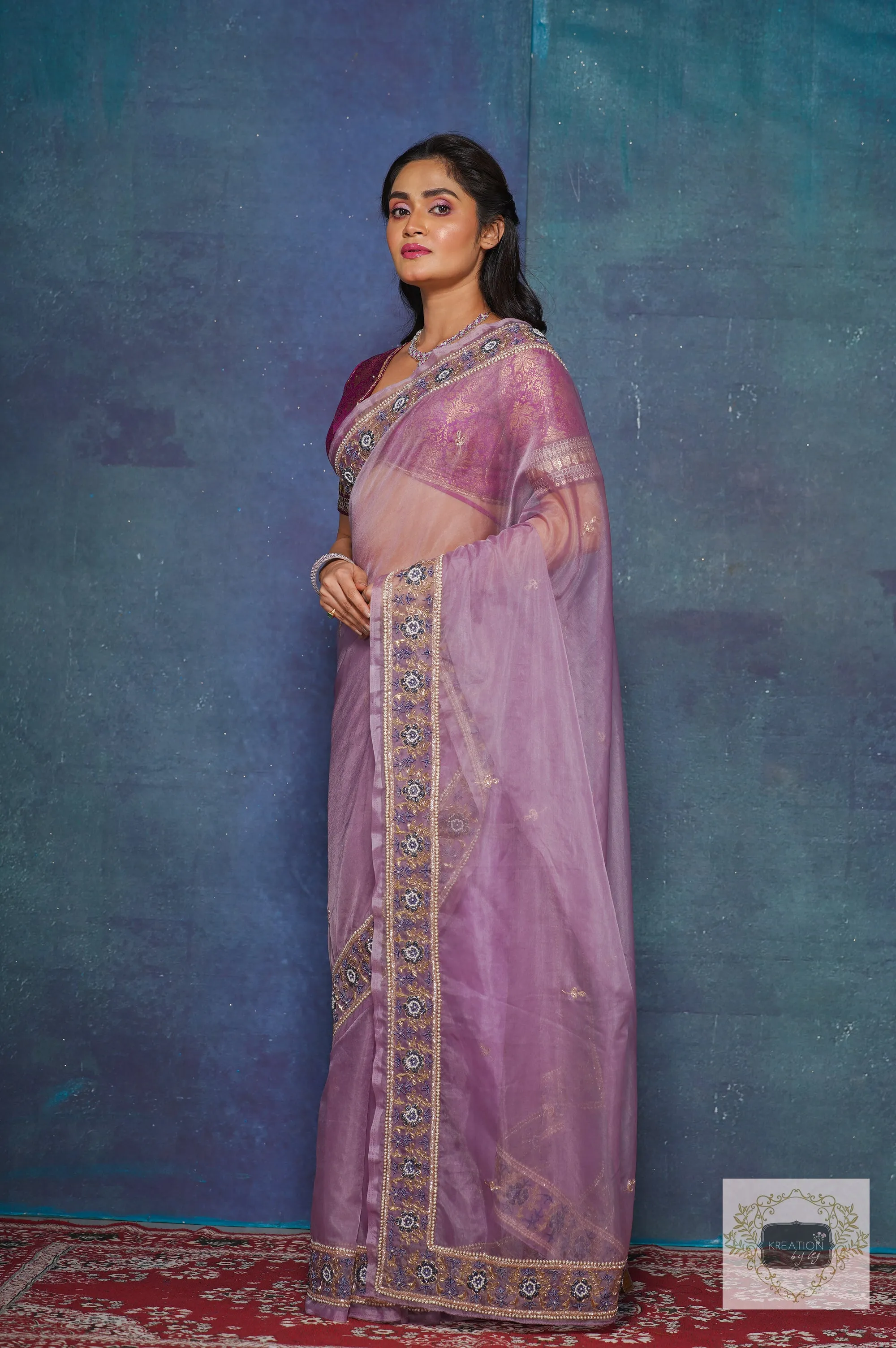 Lavender Passiflora Organza Saree