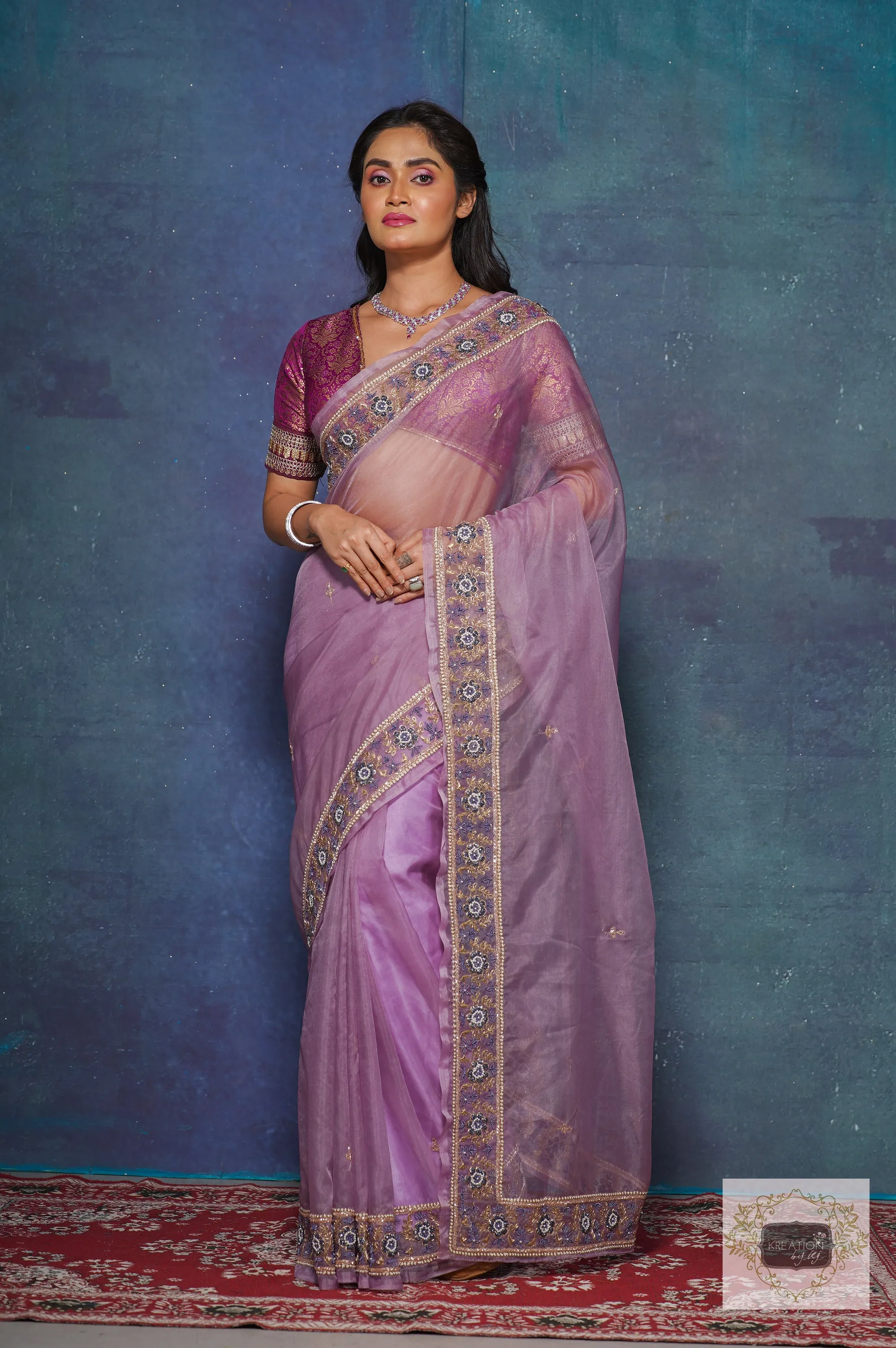 Lavender Passiflora Organza Saree