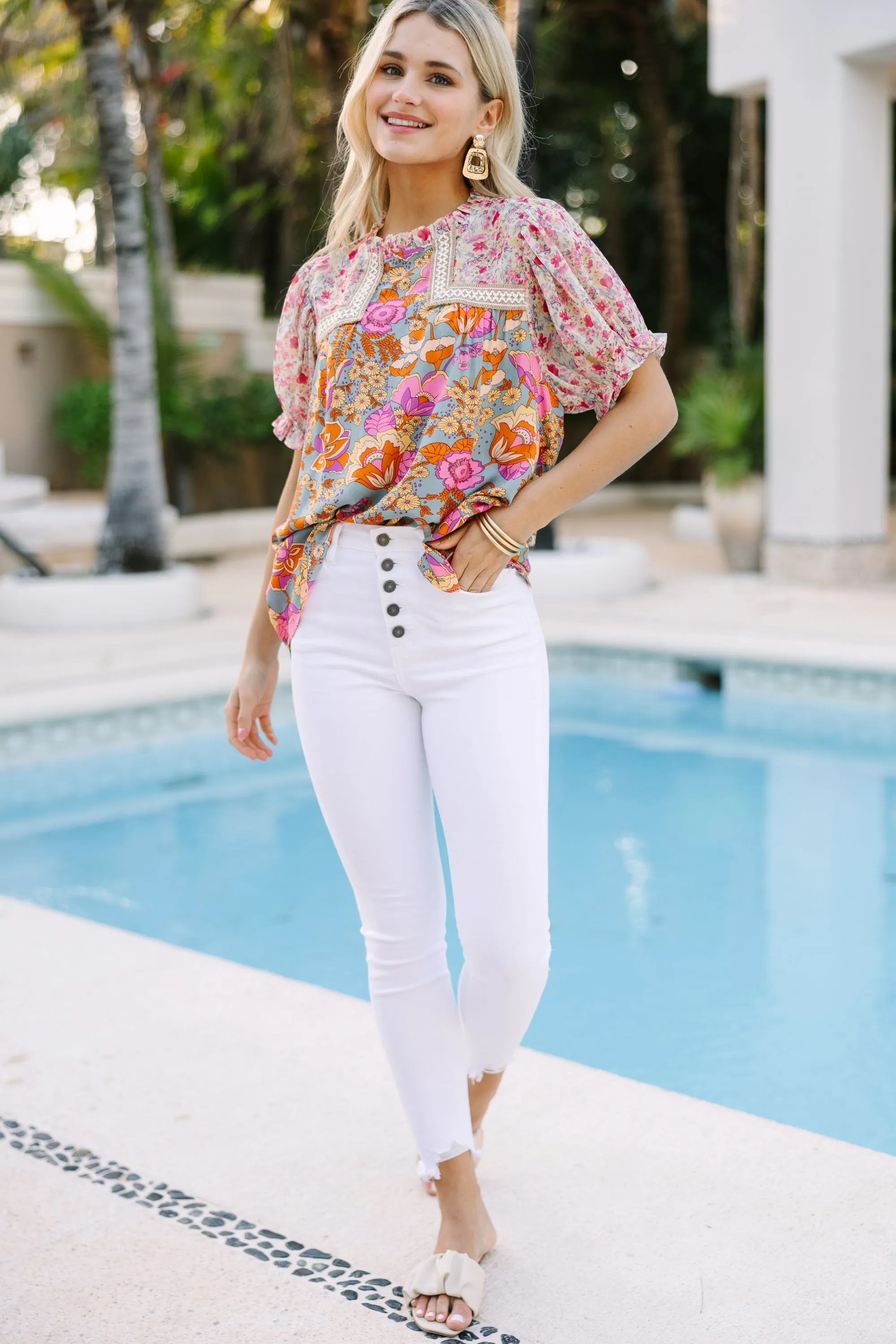 Let's Be Clear Dusty Sage Floral Short Sleeve Blouse