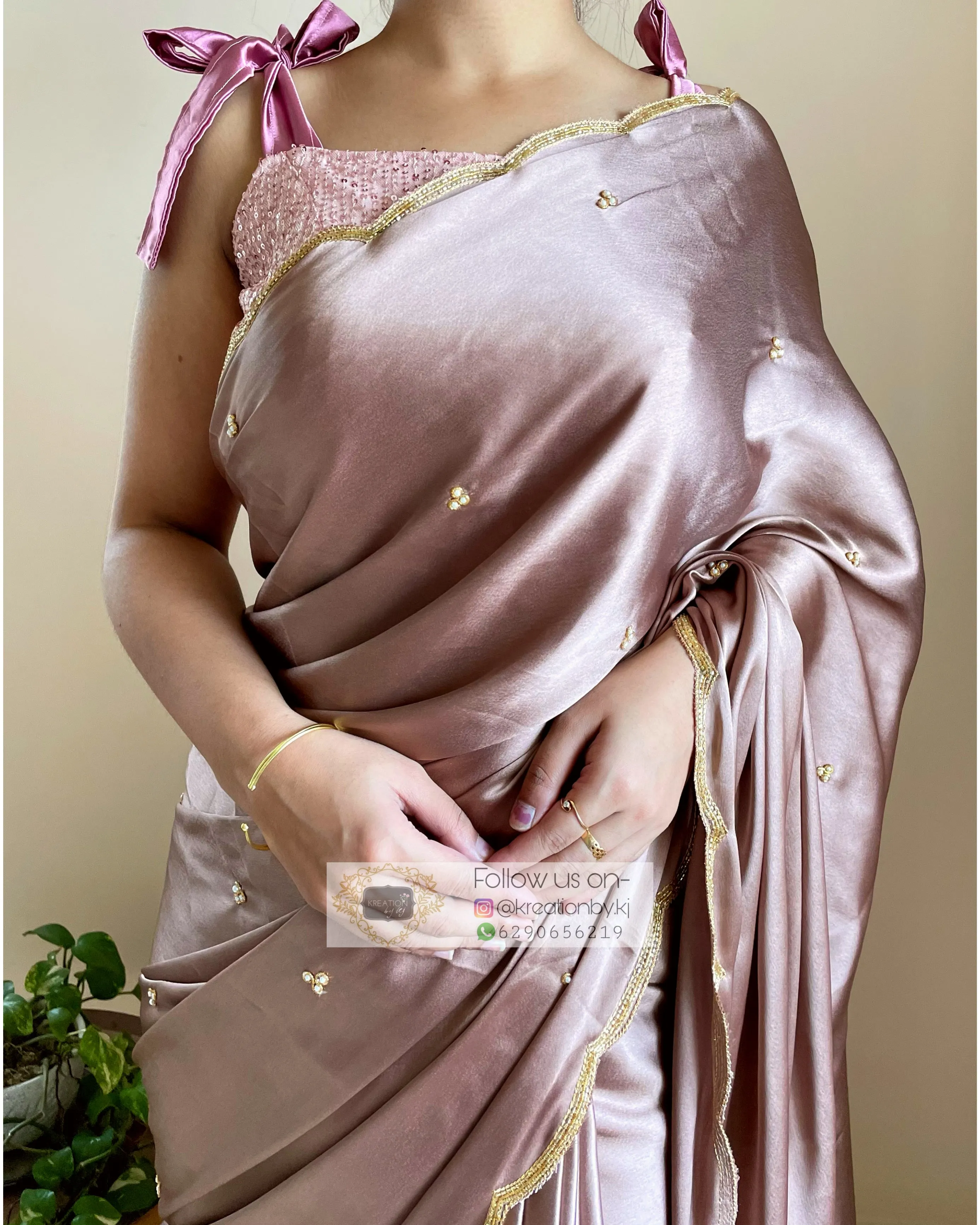 Lilac Satin Silk Saree With Handembroidered Scalloping