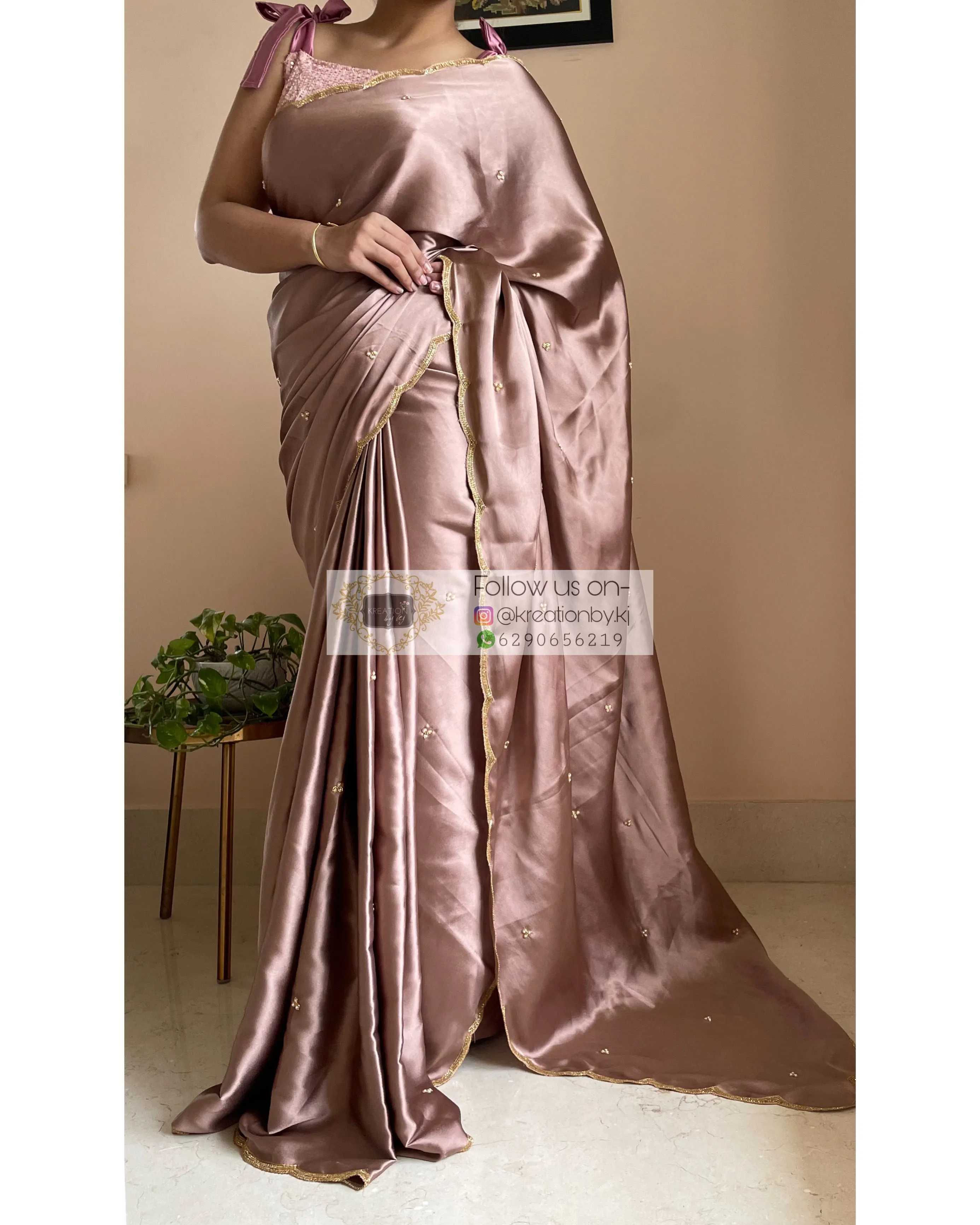 Lilac Satin Silk Saree With Handembroidered Scalloping