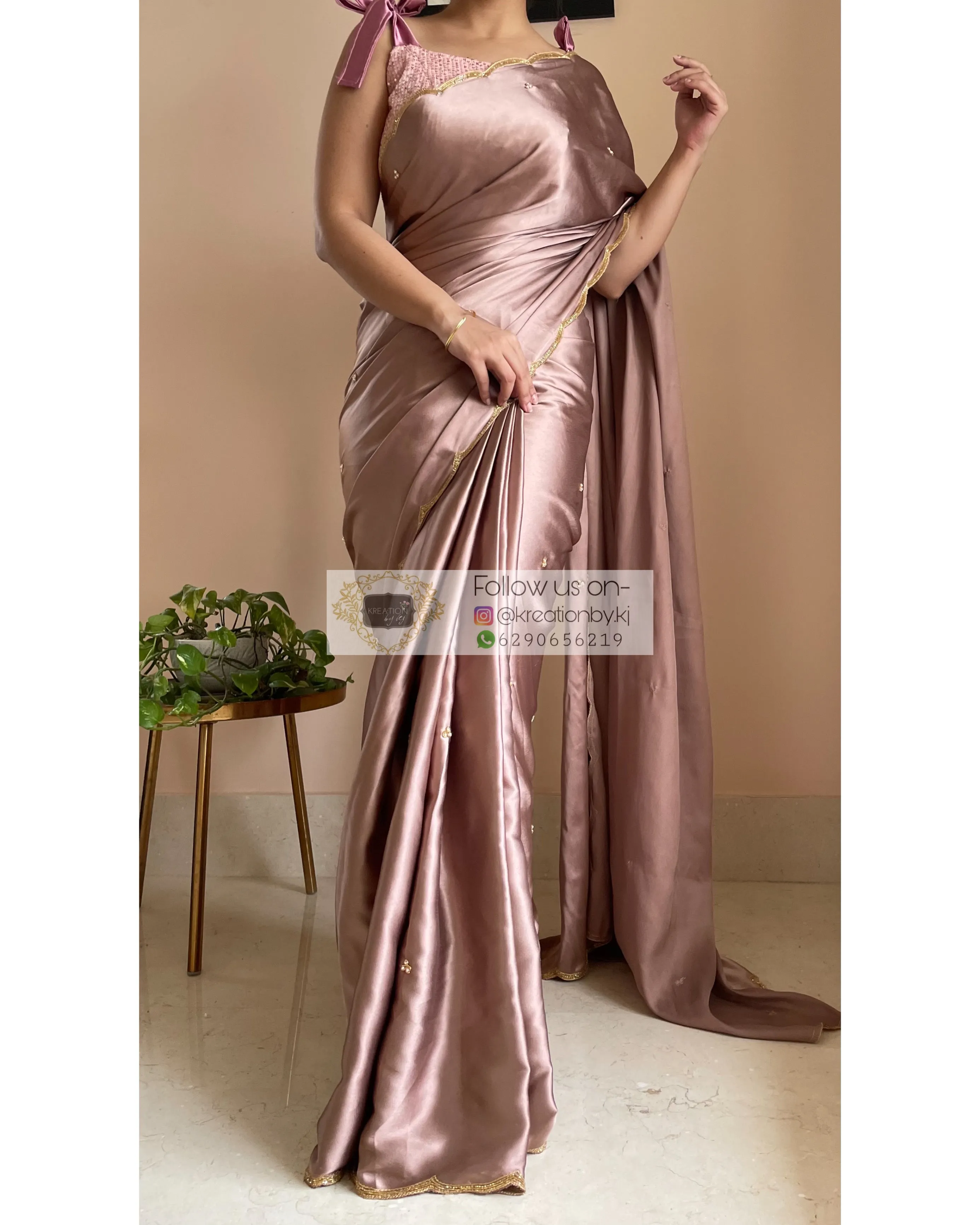 Lilac Satin Silk Saree With Handembroidered Scalloping