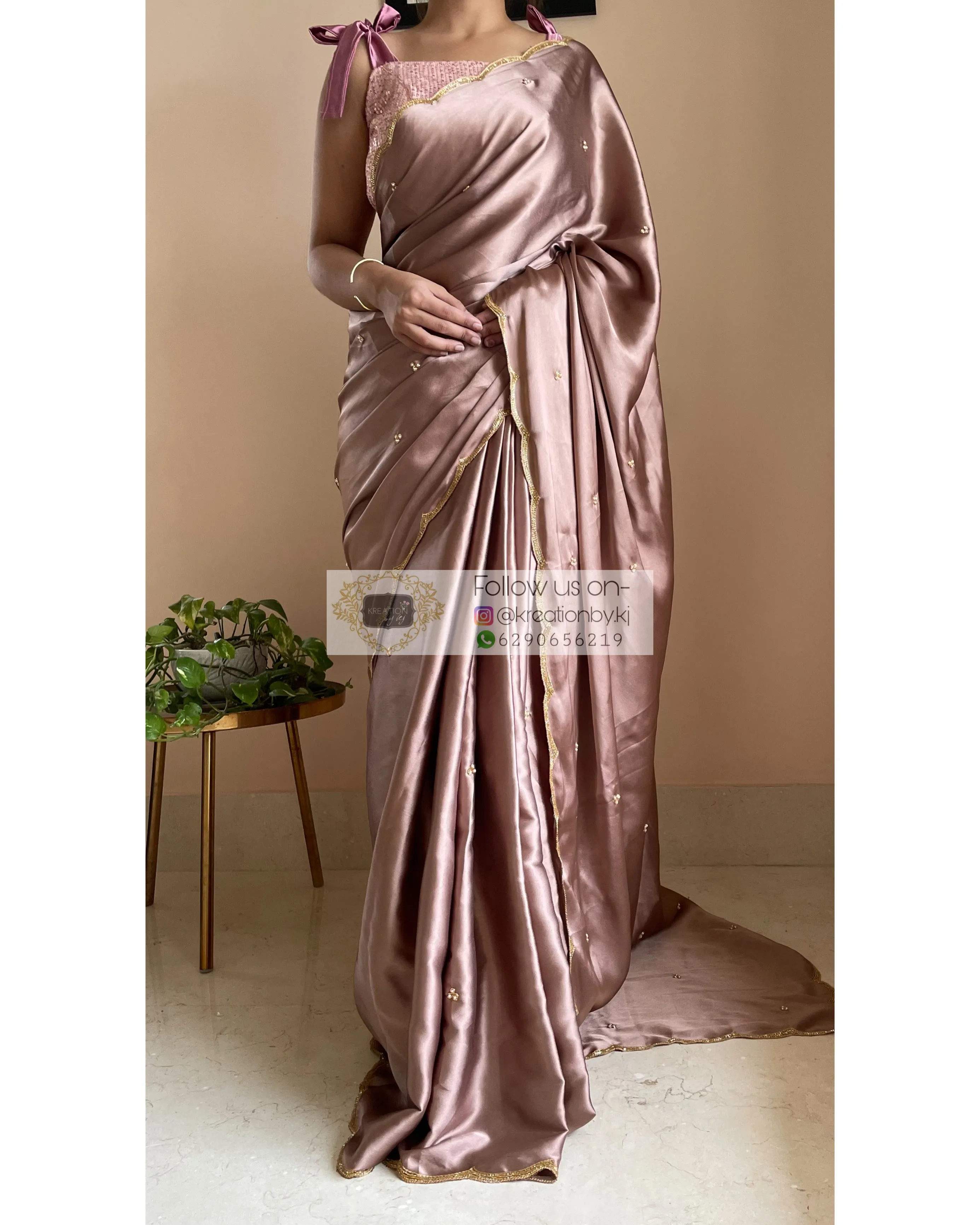 Lilac Satin Silk Saree With Handembroidered Scalloping