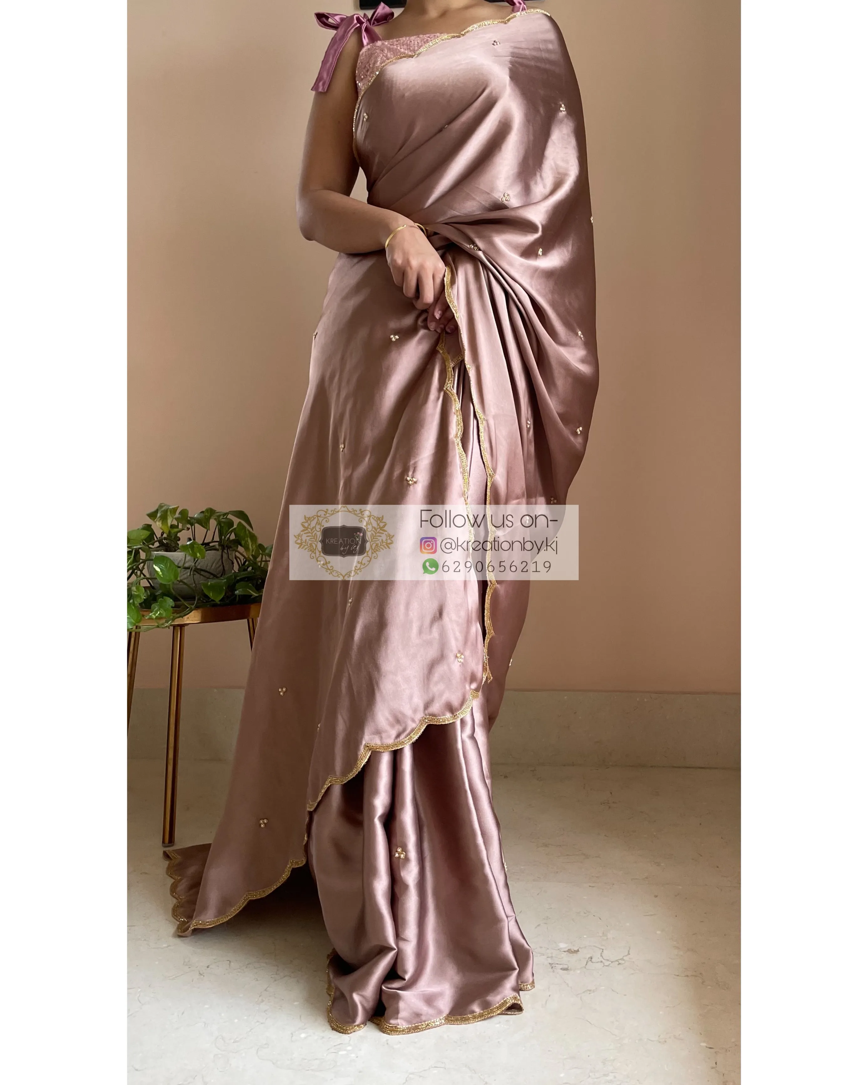 Lilac Satin Silk Saree With Handembroidered Scalloping